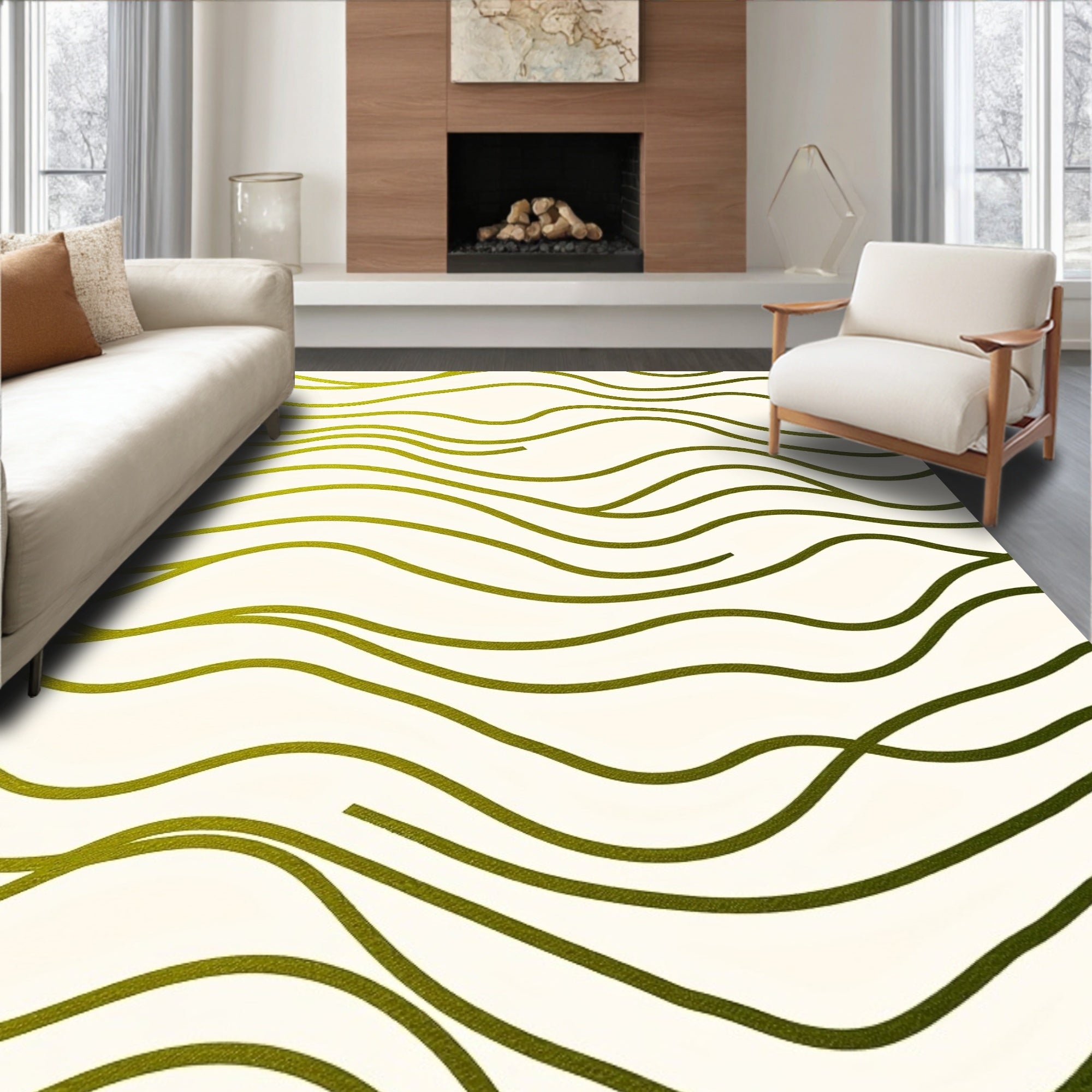 Golden Green Abstract Wavy Lines Rug