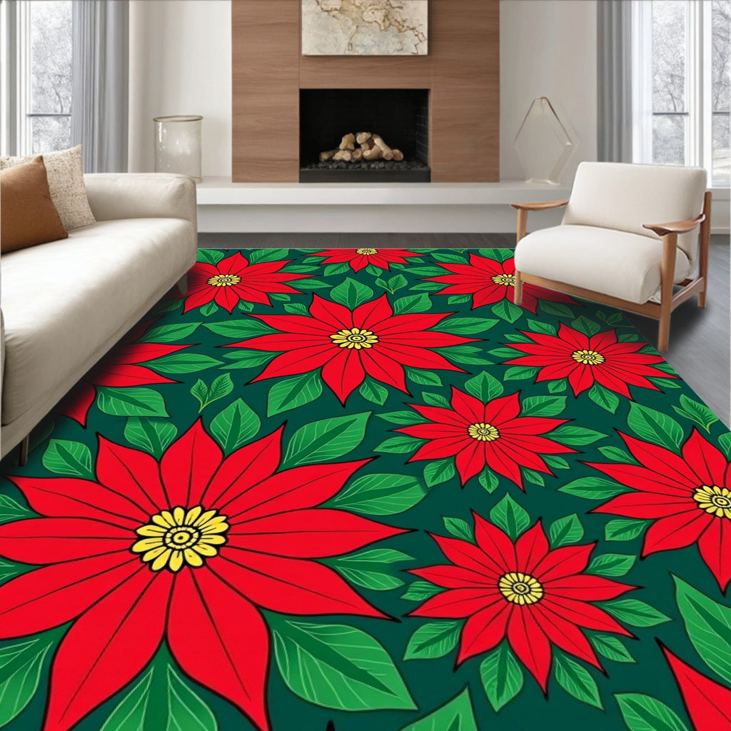 Crimson Red Poinsettia Floral Arrangement Rug