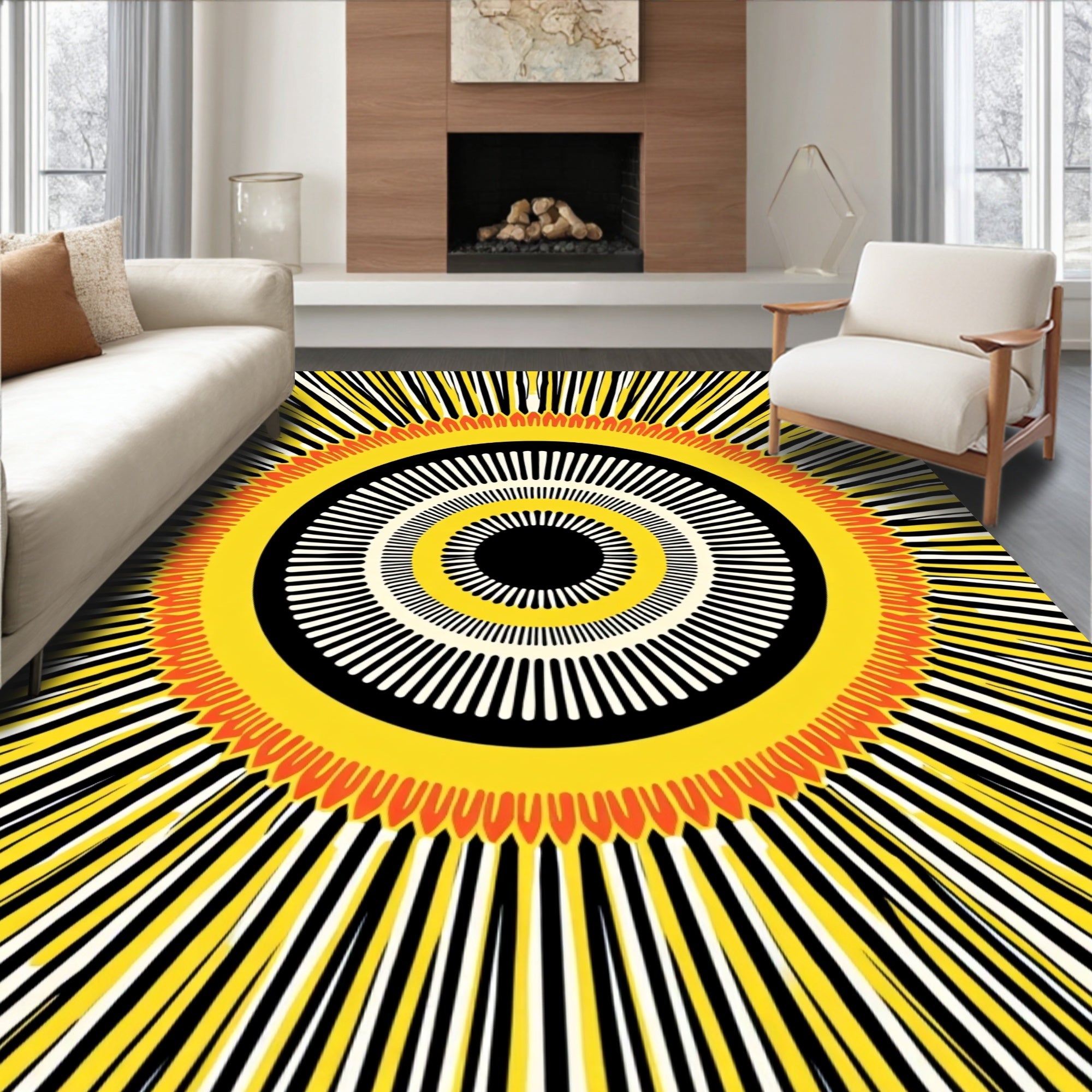 Radiant yellow sunburst concentric Rug