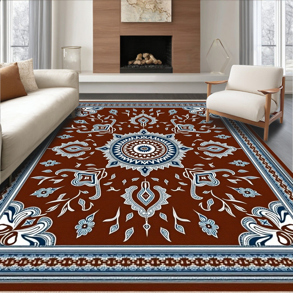 Rustic Crimson Floral Medallion Rug