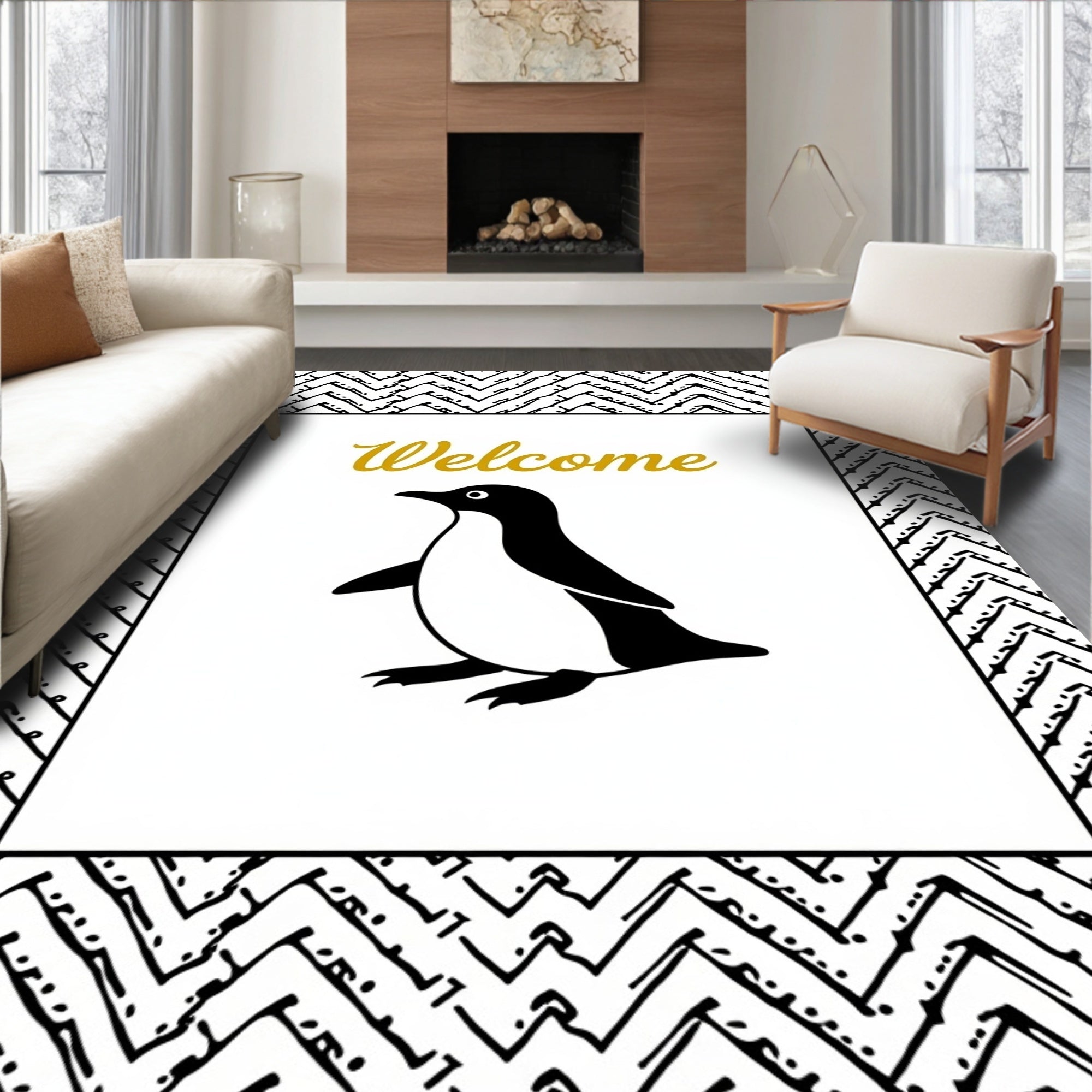 Black White Penguin Golden Welcome Art Rug