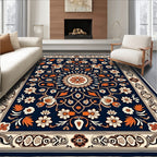 Navy Orange Floral Medallion Border Rug