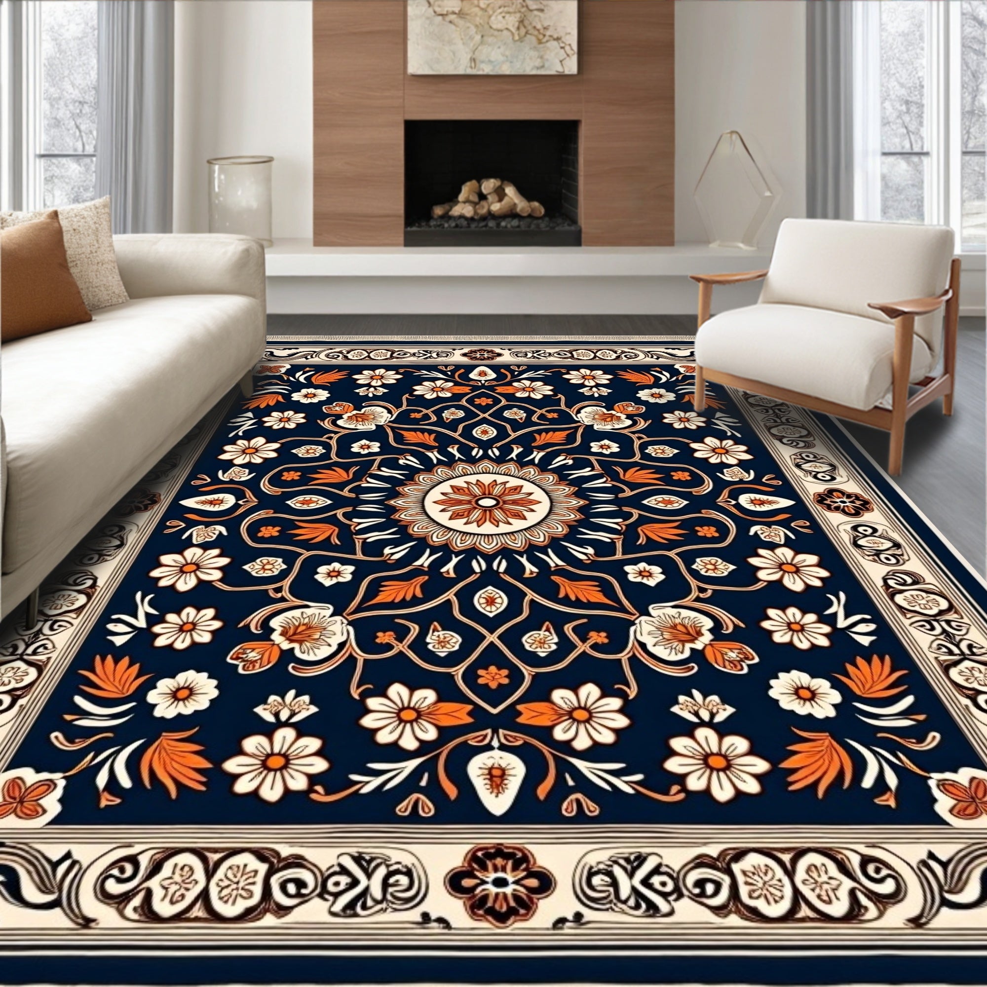 Navy Orange Floral Medallion Border Rug