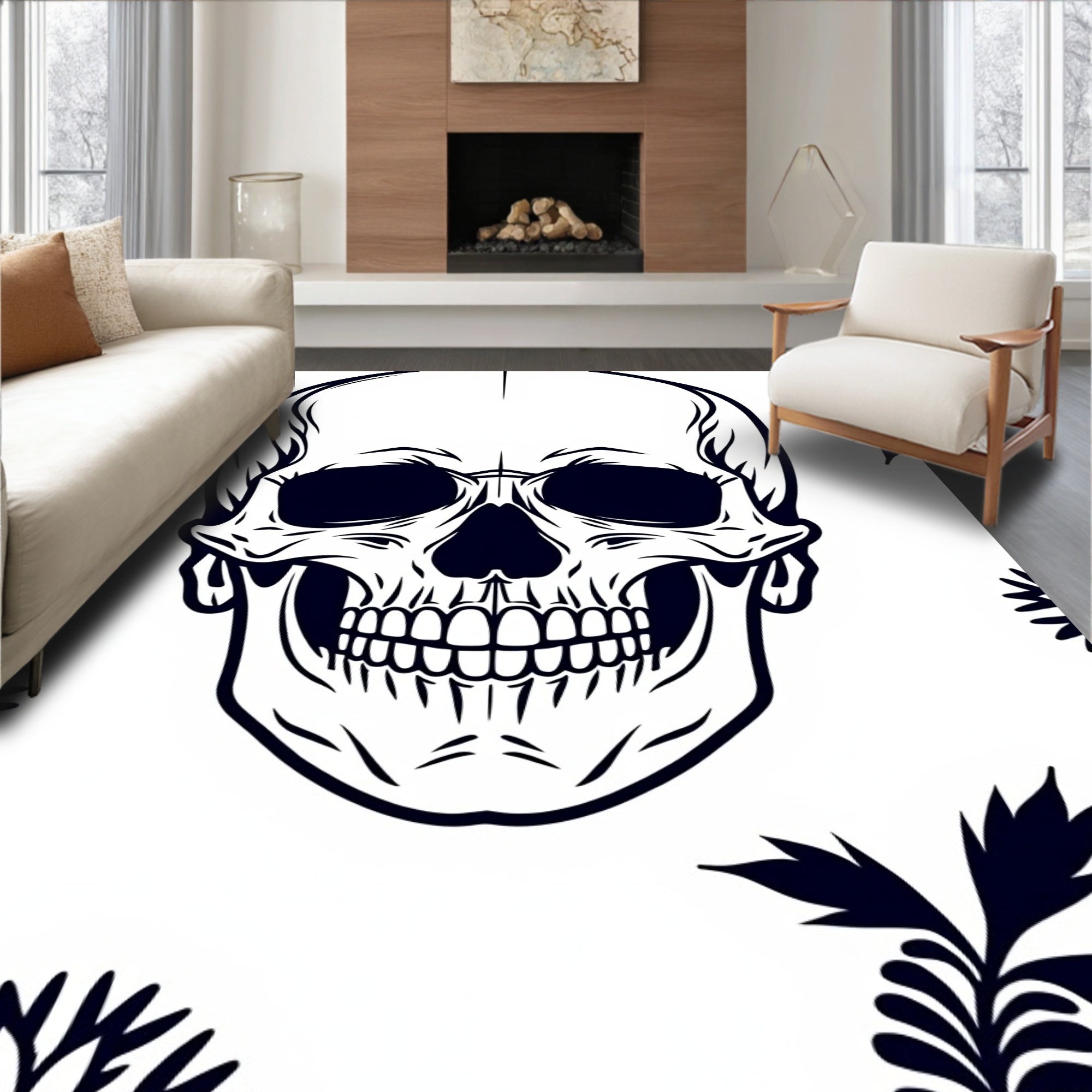 Dark Skull Floral Outline Rug
