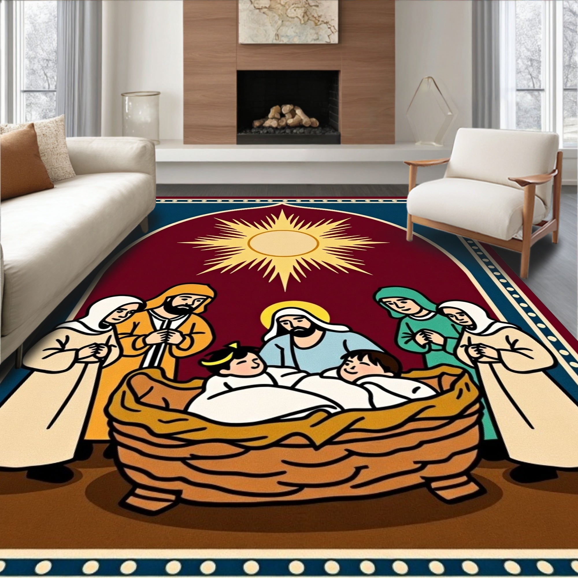 Crimson Nativity Scene Sun Rays Rug
