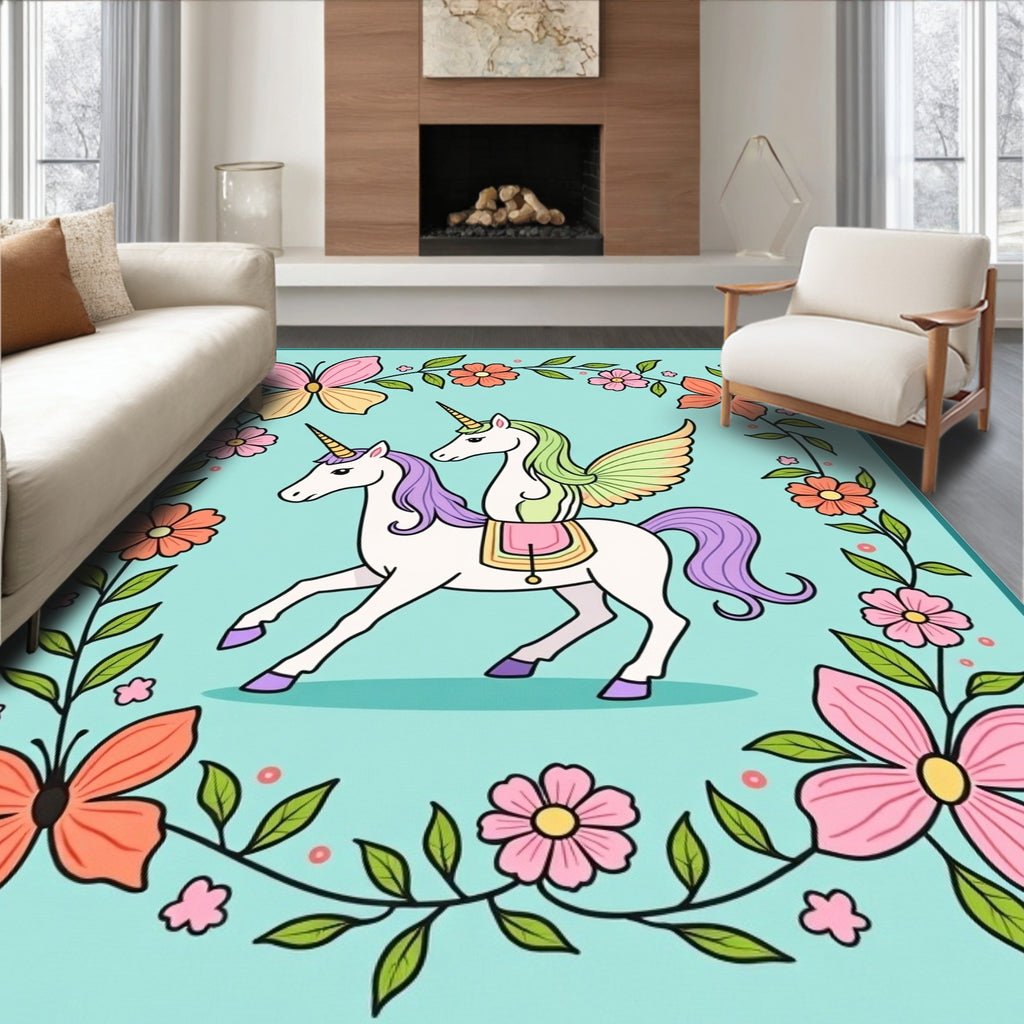 Whimsical Twin Unicorns Floral Butterfly Frame Rug