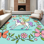 Whimsical Twin Unicorns Floral Butterfly Frame Rug