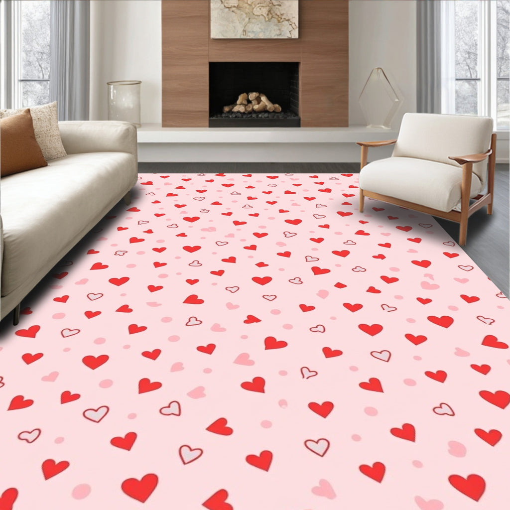 Red Hearts All Over Pink Background Rug