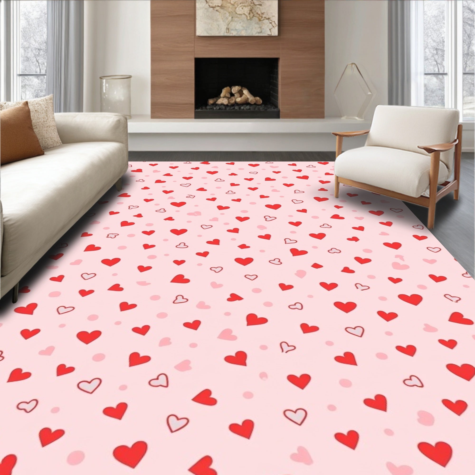 Red Hearts All Over Pink Background Rug