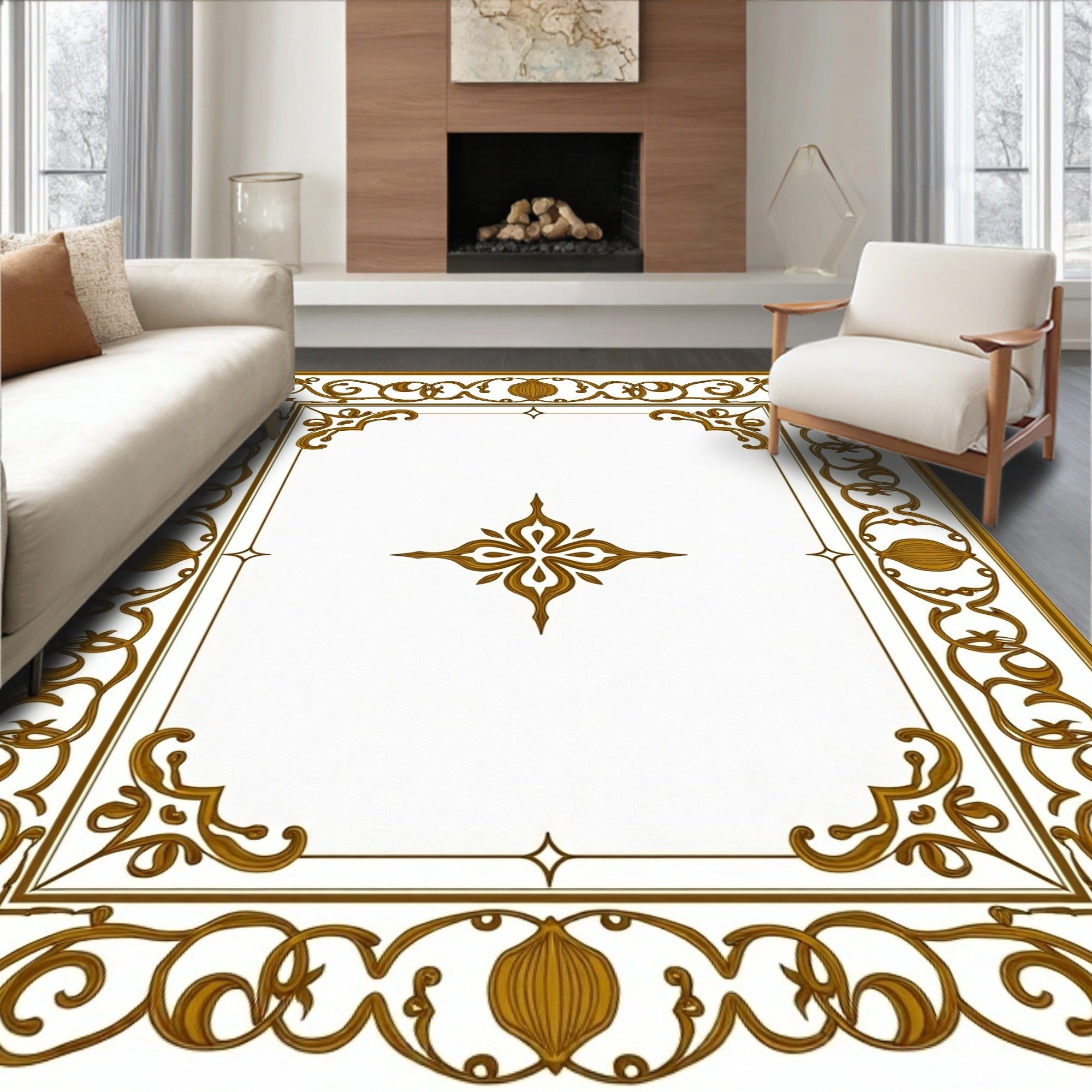 Golden Ornate Floral Medallion Rug