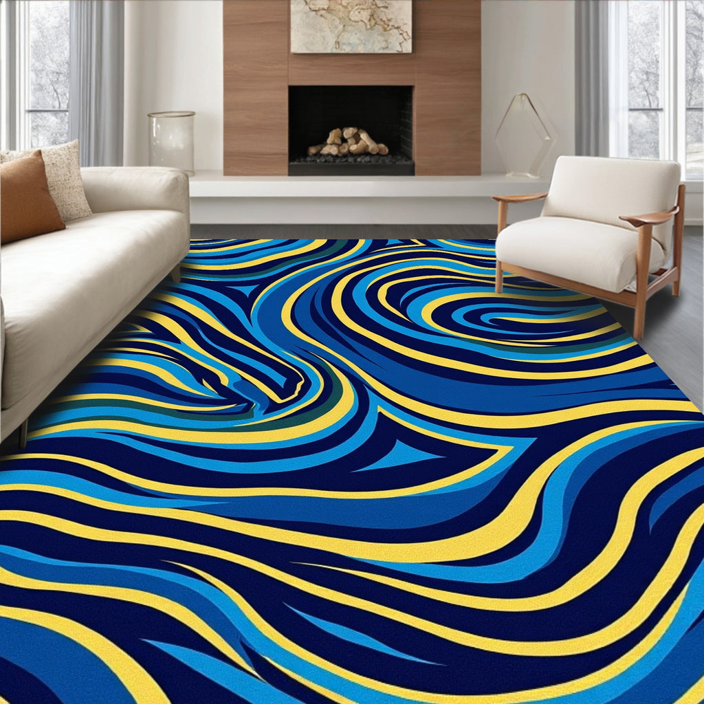 Bold Blue Yellow Wavy Abstract Rug