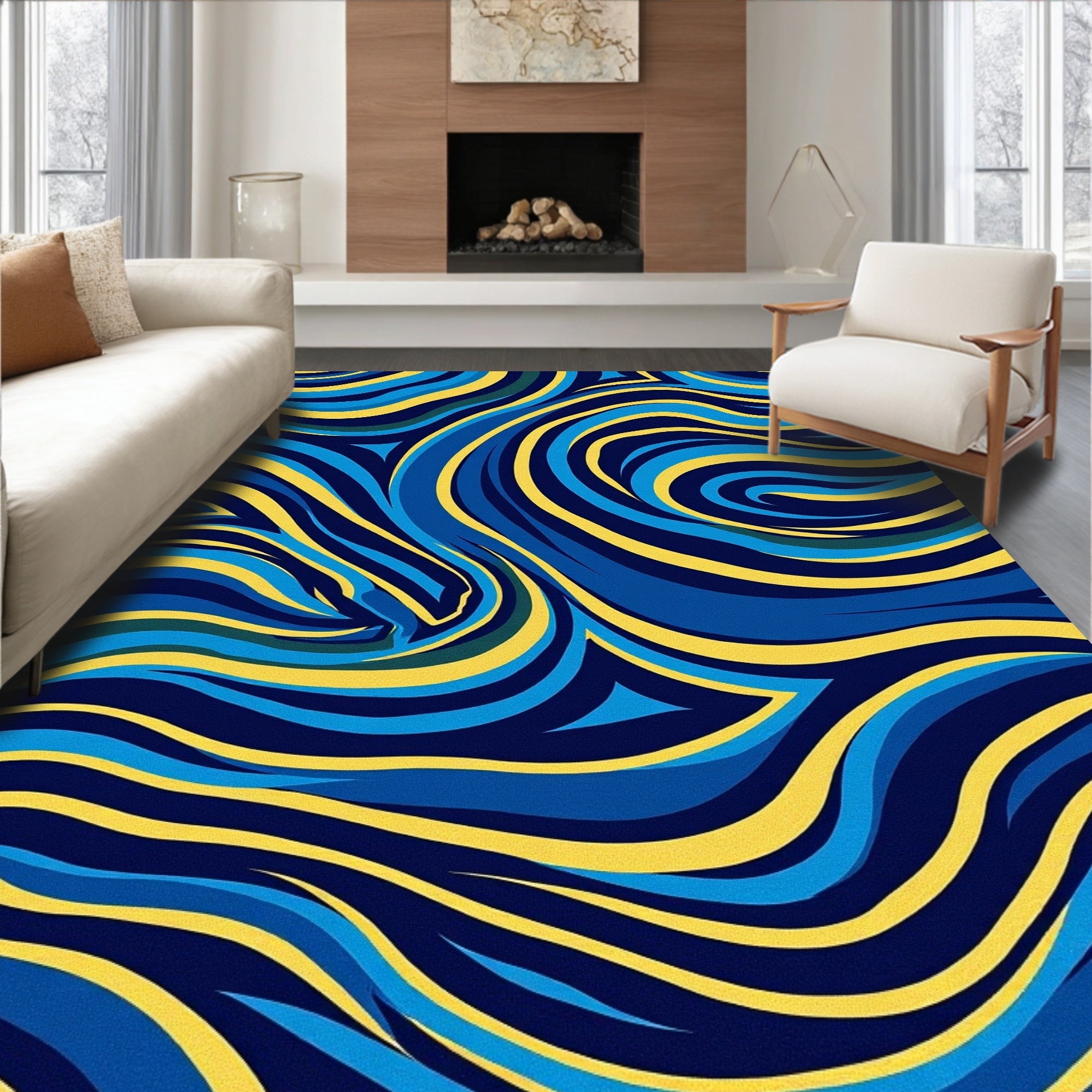 Bold Blue Yellow Wavy Abstract Rug
