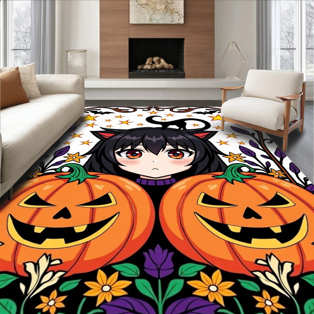 Anime Cat Girl Pumpkin Halloween Arrangement Rug