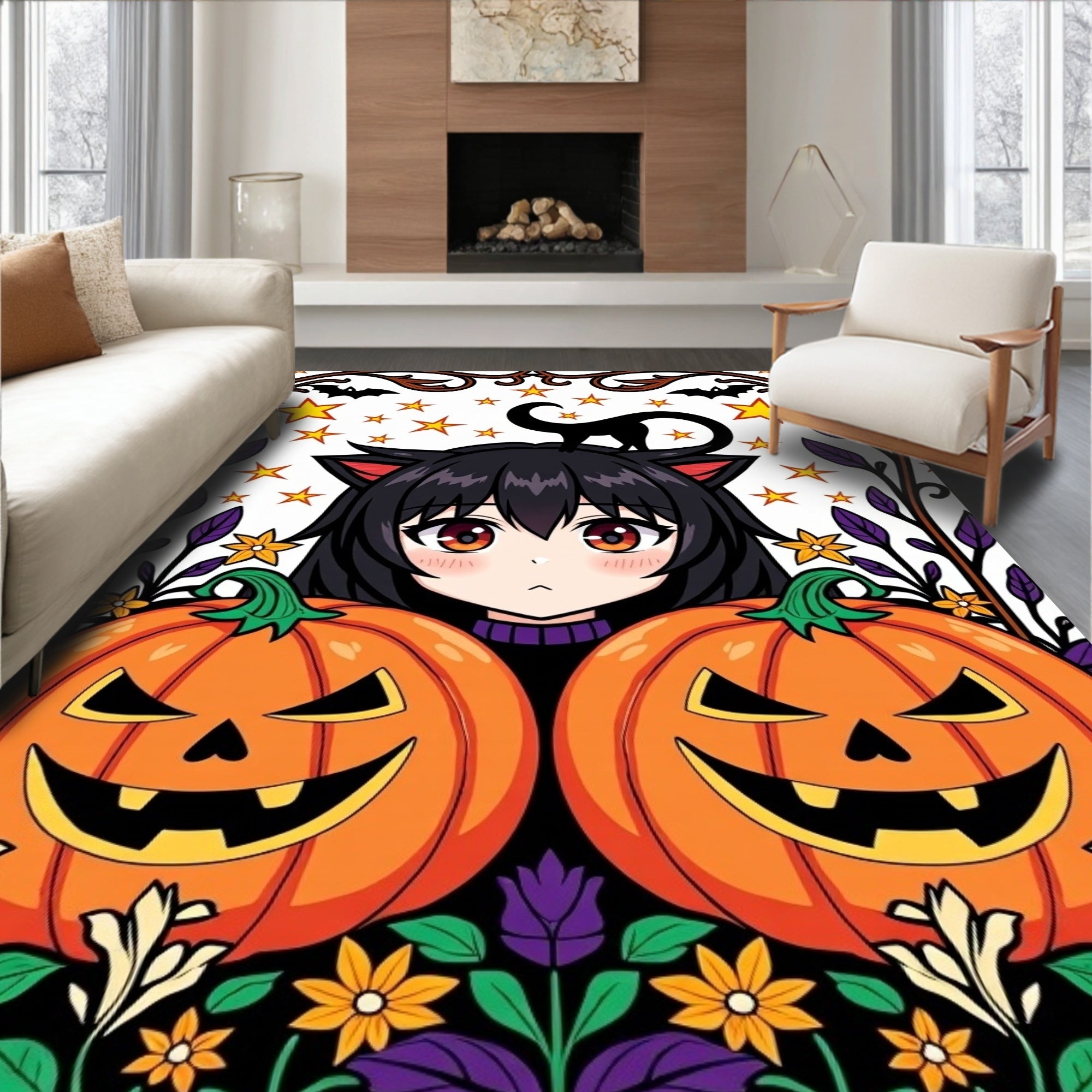 Anime Cat Girl Pumpkin Halloween Arrangement Rug