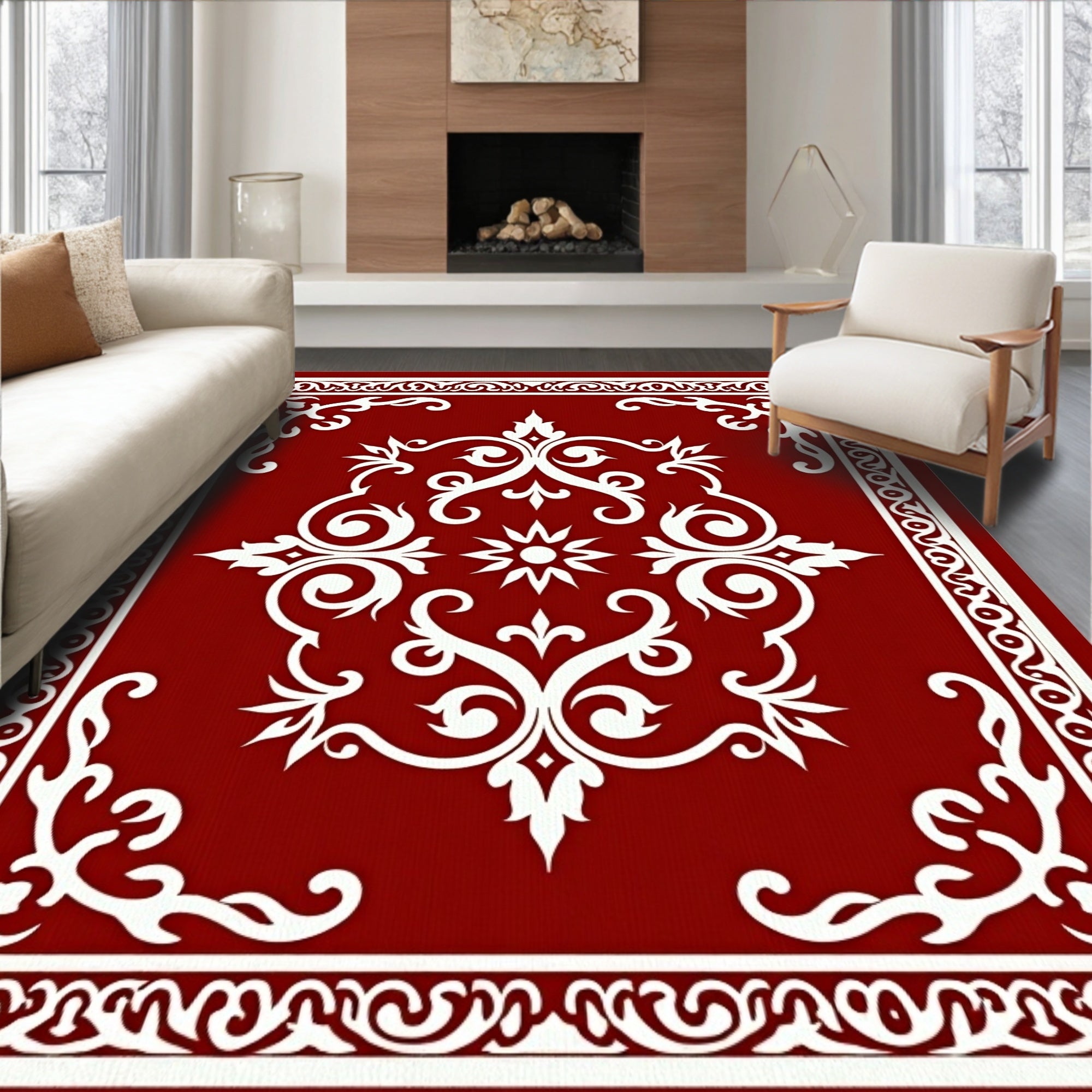 Crimson White Scrollwork Central Ornament Rug