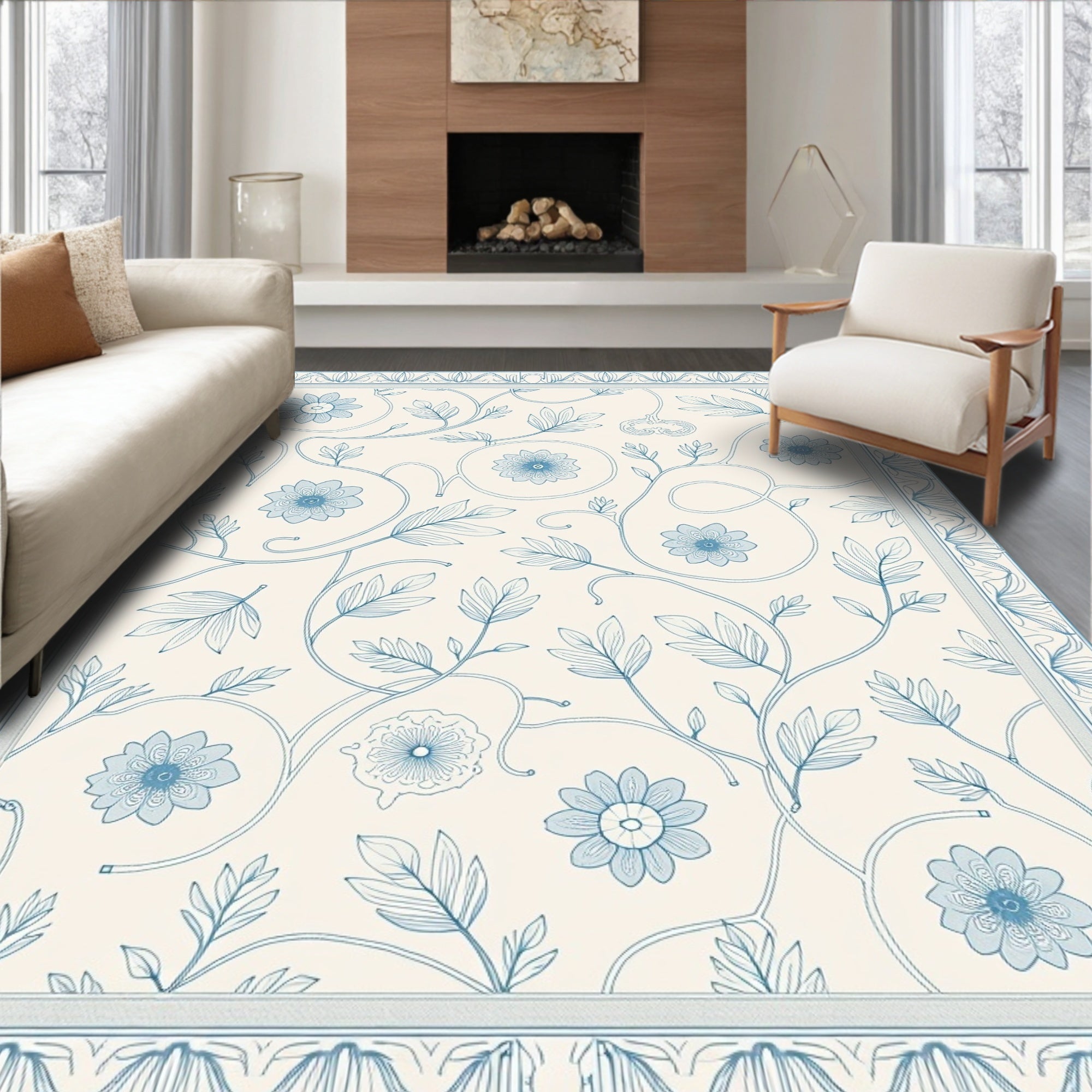 Vintage Blue Floral Scroll Medallion Rug