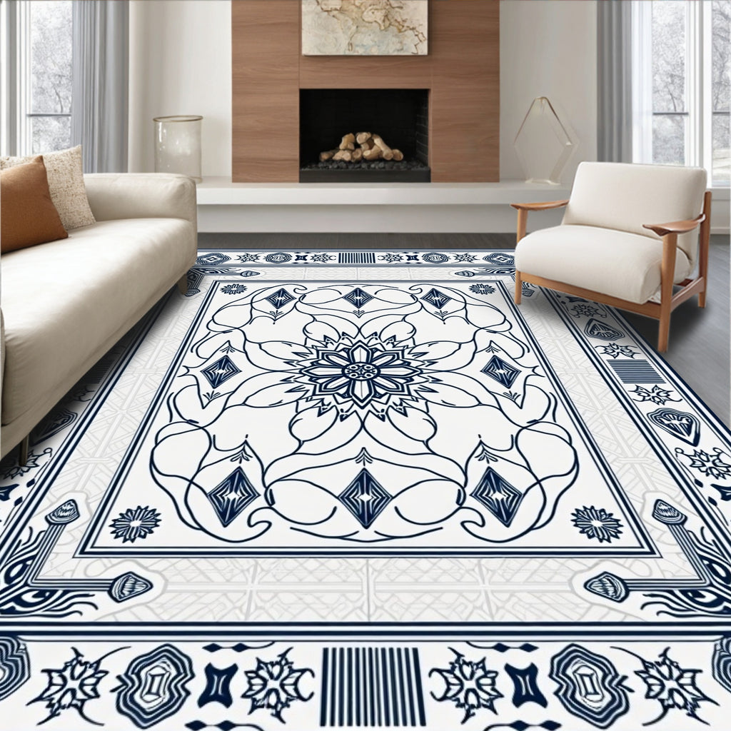 Linen White Navy Floral Medallion Frame Rug