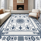 Linen White Navy Floral Medallion Frame Rug