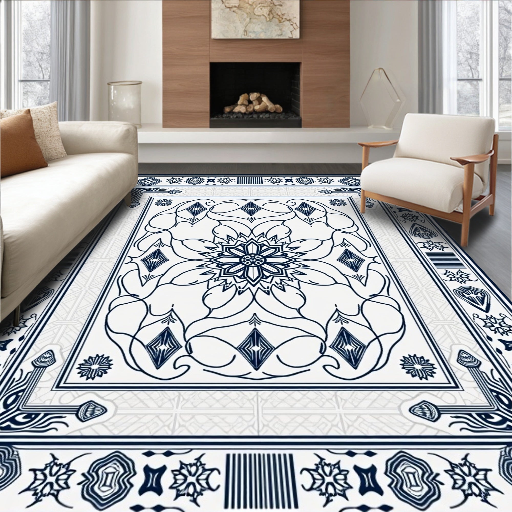 Linen White Navy Floral Medallion Frame Rug