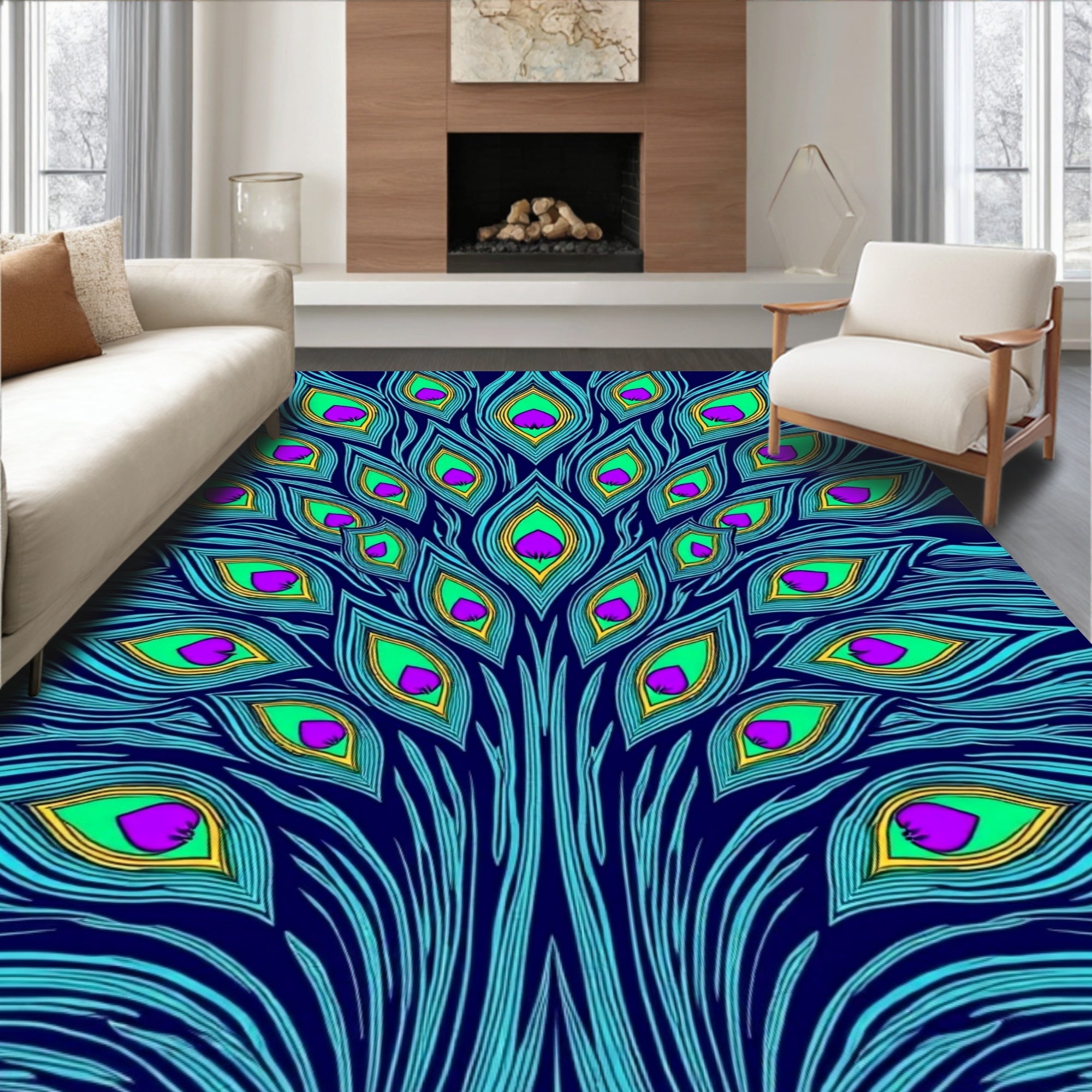 Vibrant Peacock Feather Swirl Rug