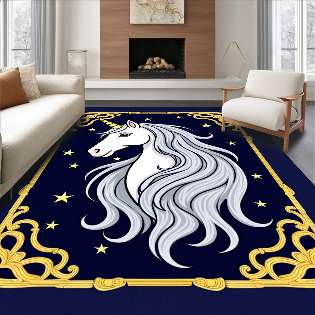 Golden Unicorn Portrait On Starry Night Rug