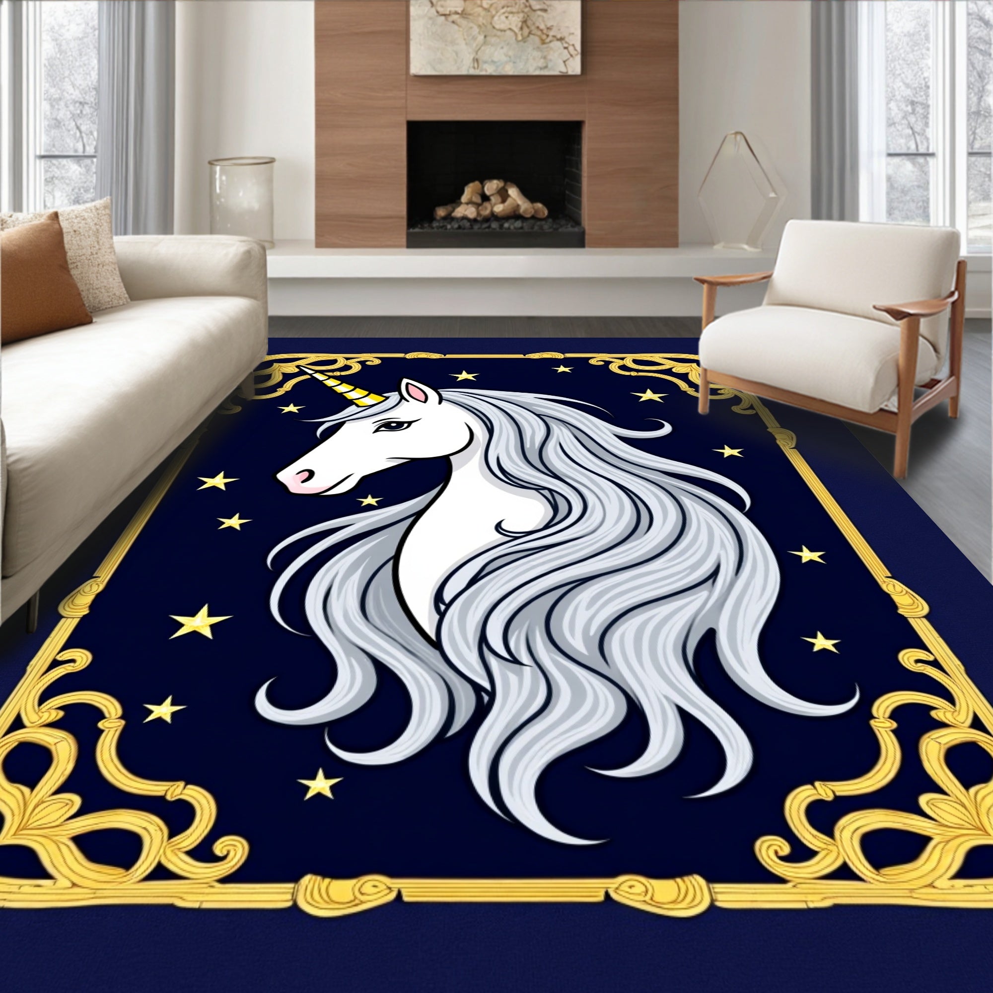 Golden Unicorn Portrait On Starry Night Rug