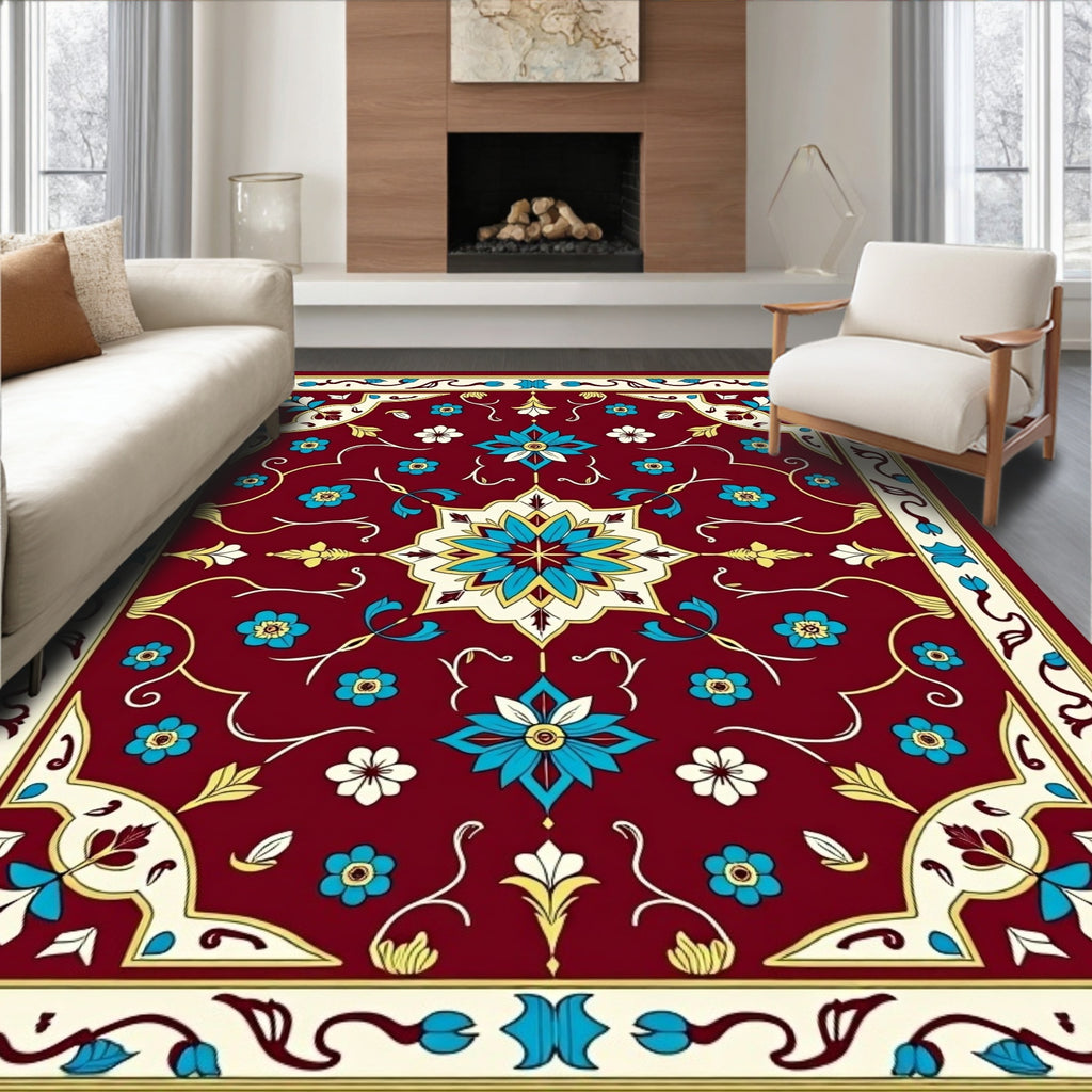 Crimson Floral Medallion Aqua Accents Rug