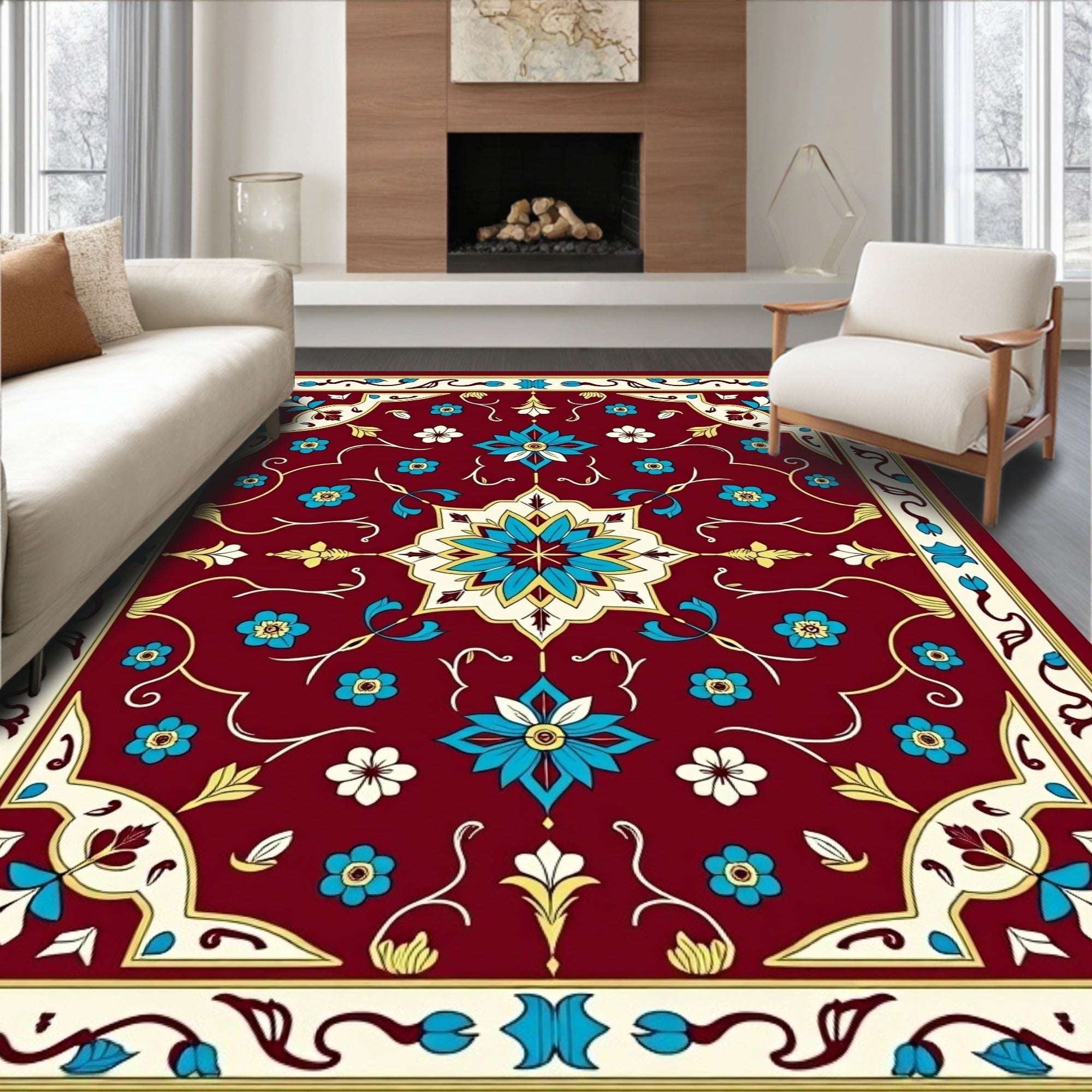 Crimson Floral Medallion Aqua Accents Rug