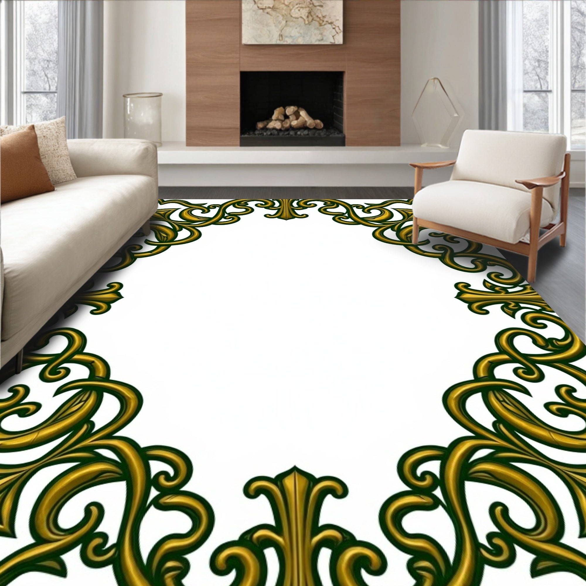 Ornate Gold Leaf Scrollwork Corners Rug