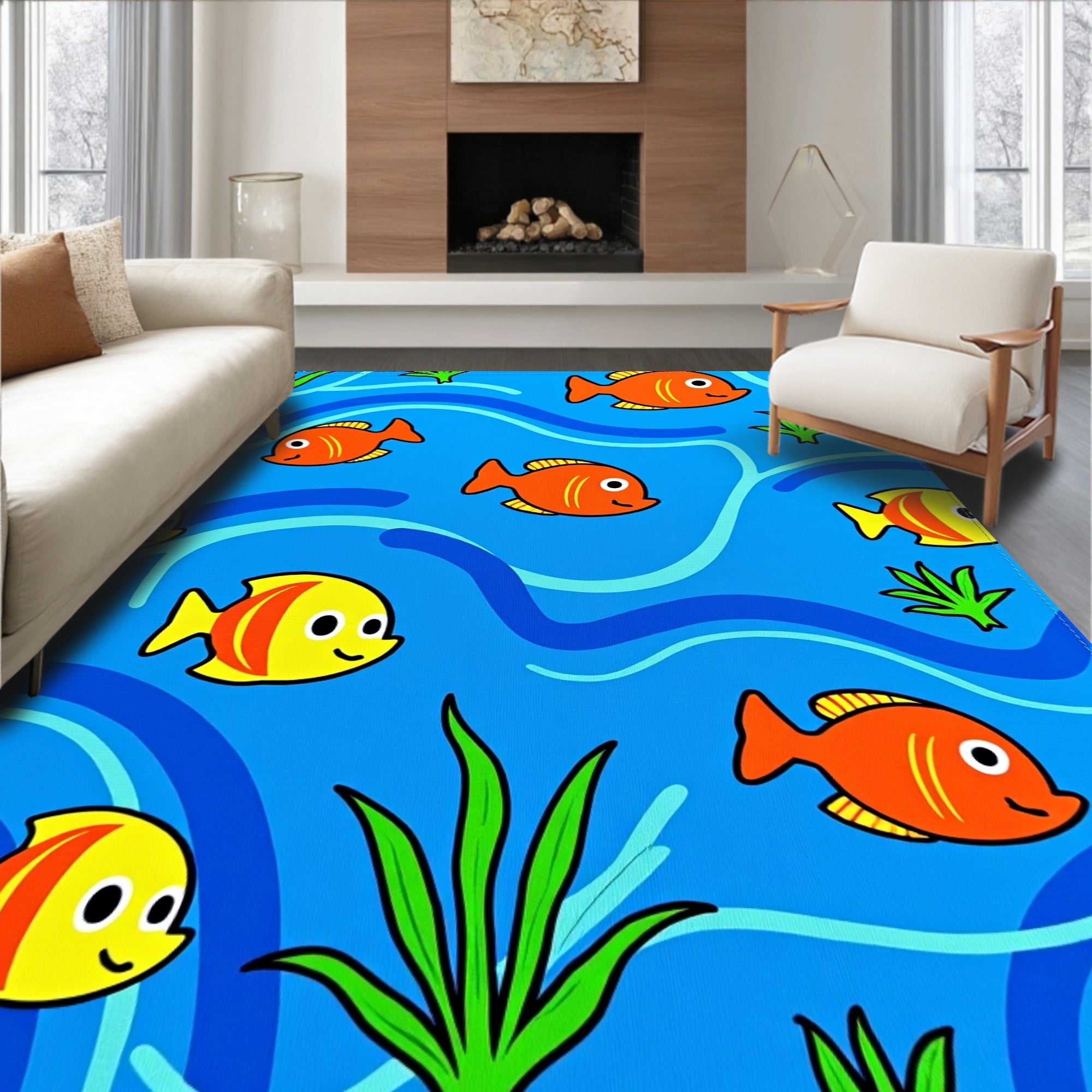 Whimsical Orange Yellow Fish Aquatic Scene Rug