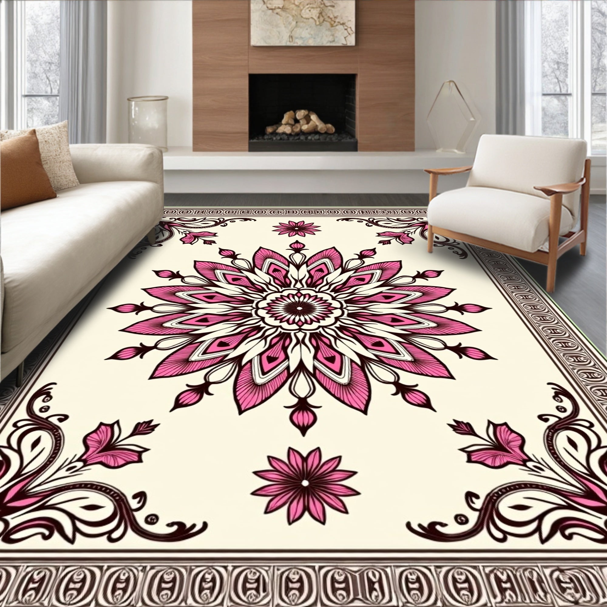 Pink Floral Medallion Bordered Rug
