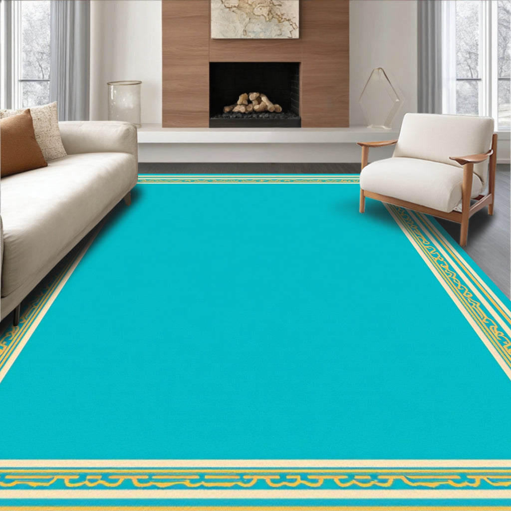 Turquoise Ivory Gold Bordered Frame Rug