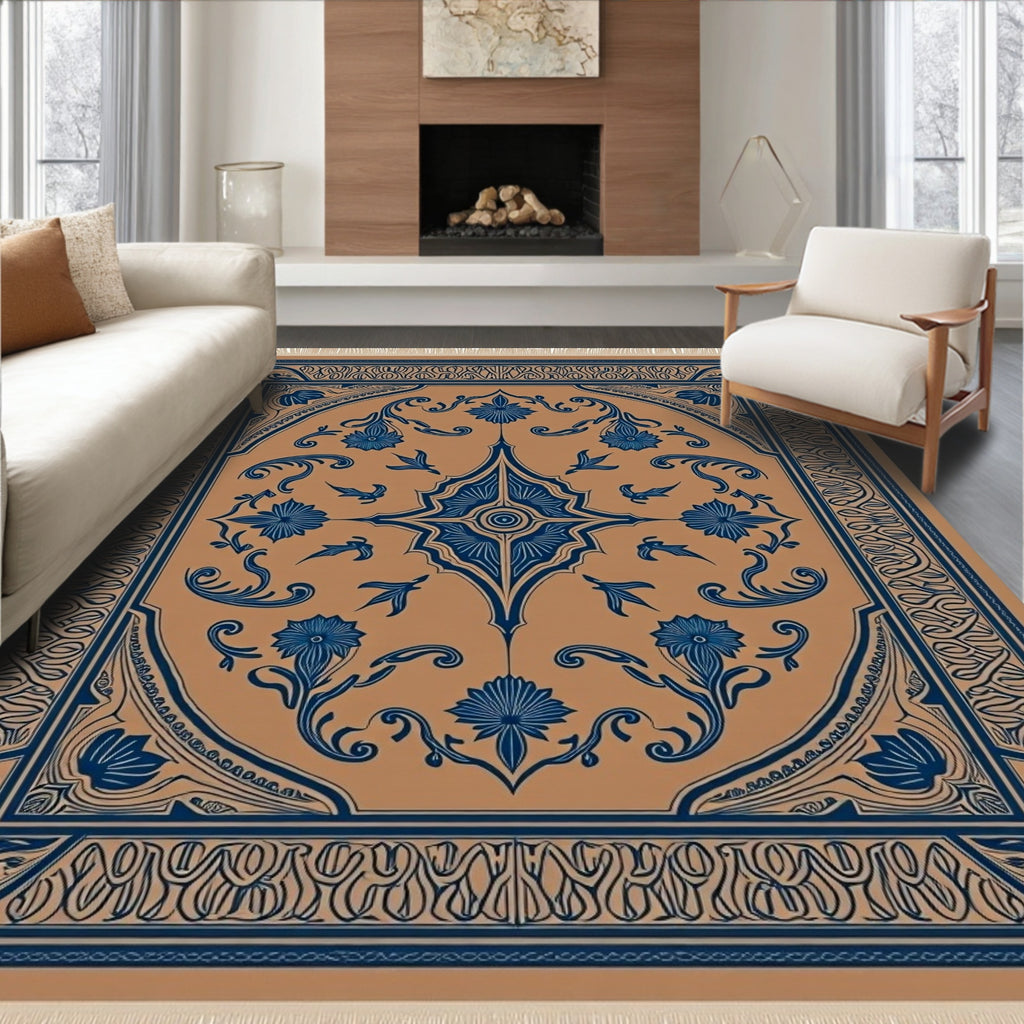 Terracotta Blue Floral Medallion Rug