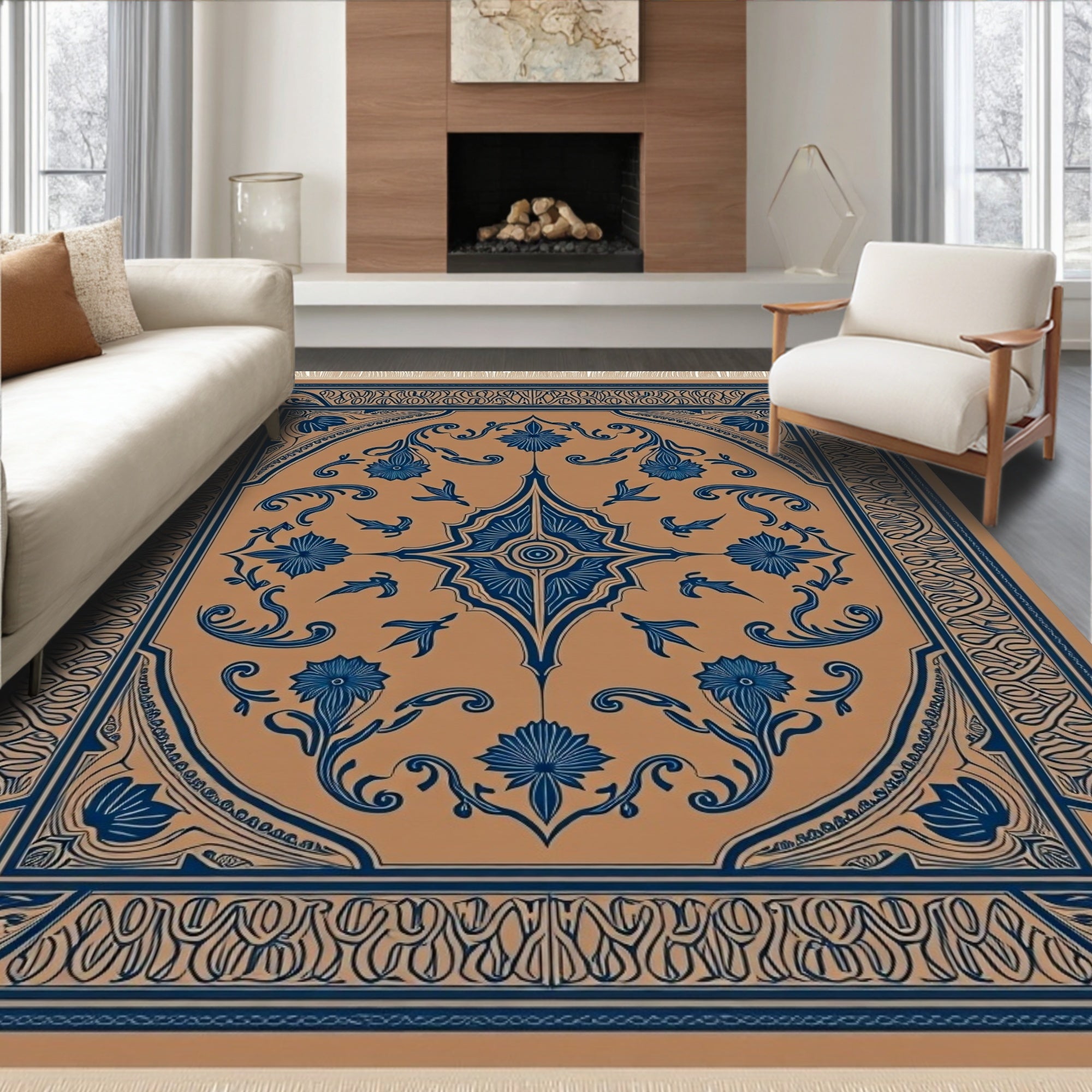 Terracotta Blue Floral Medallion Rug