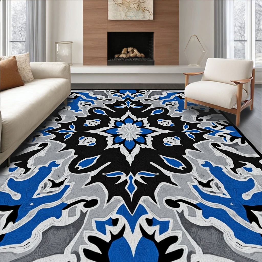 Cobalt Blue Gray Floral Medallion Rug