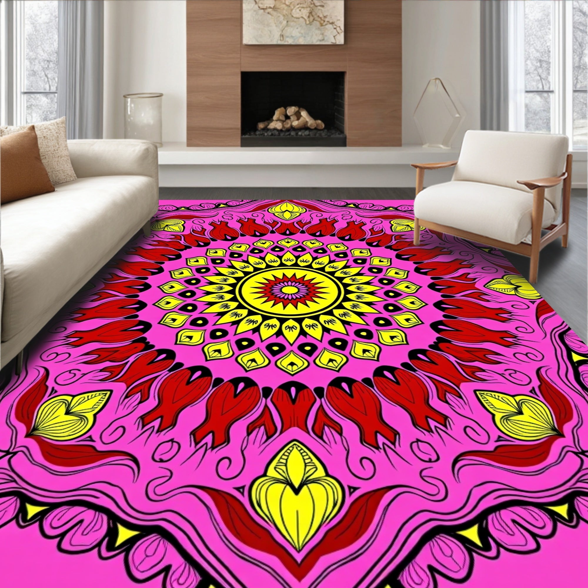 Vibrant Pink Yellow Red Floral Mandala Rug
