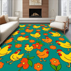 Playful Yellow Chickens Orange Flowers Rug