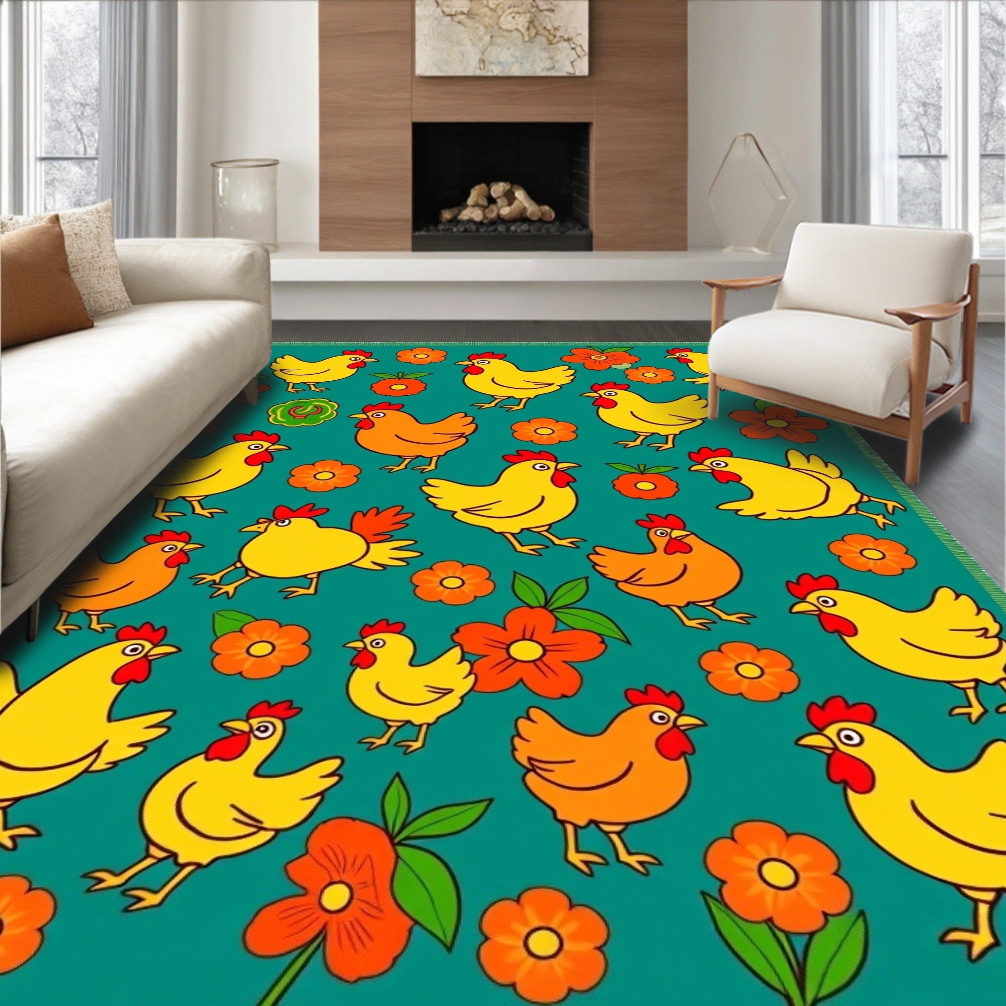 Playful Yellow Chickens Orange Flowers Rug