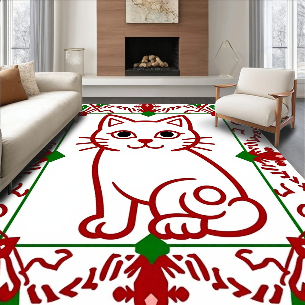 Cute Red Cat Festive Border Rug