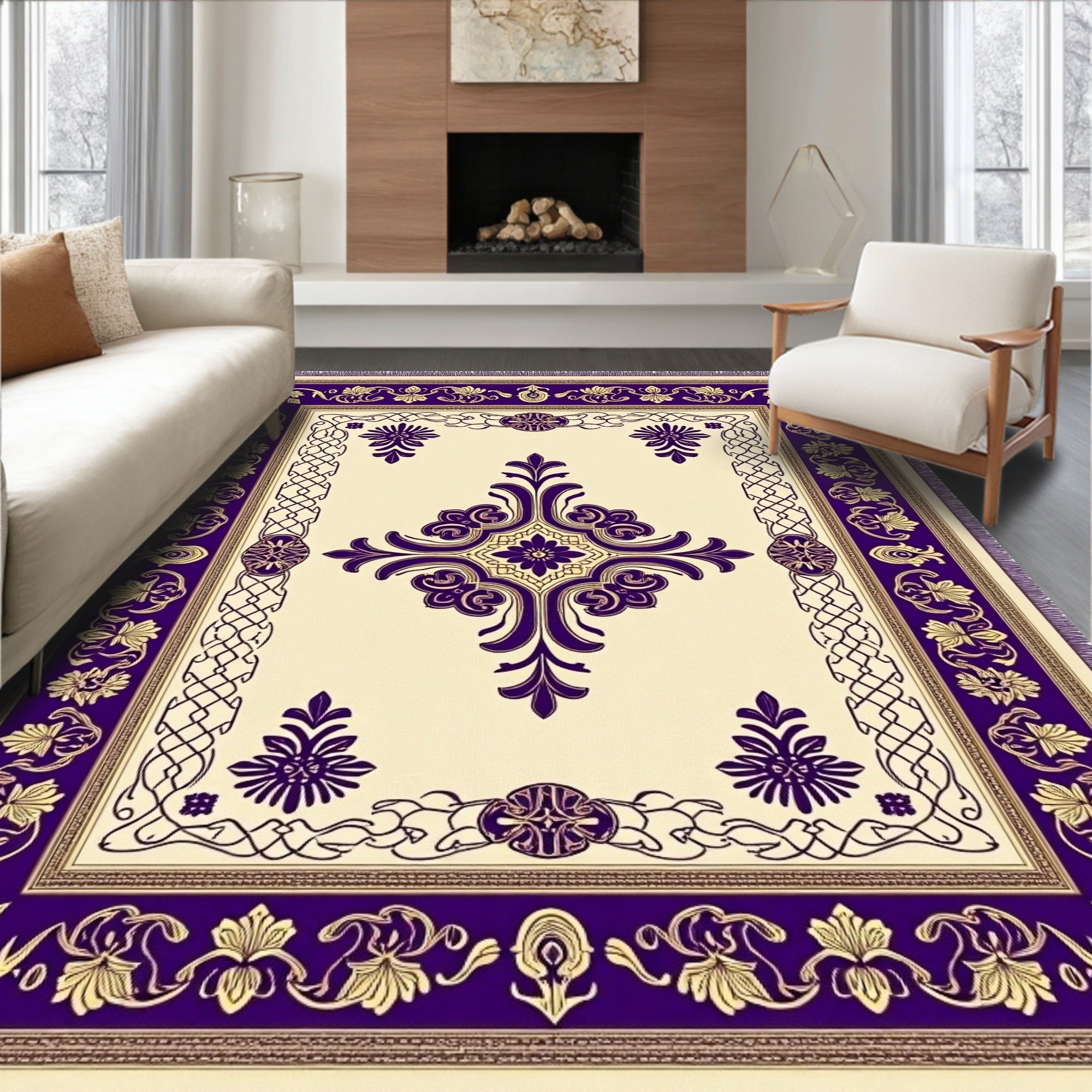 Rich Cream Purple Floral Medallion Rug