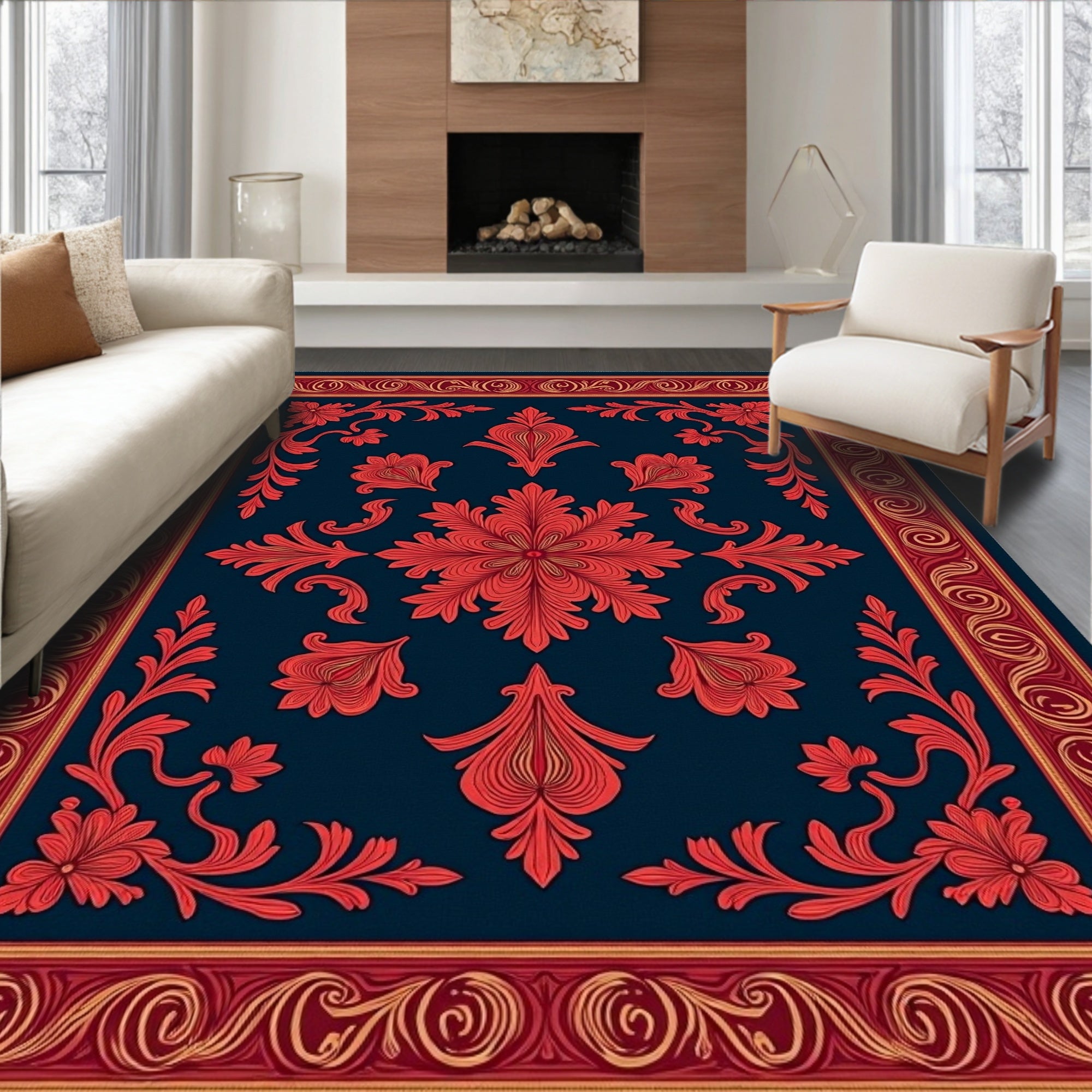 Crimson Red Floral Medallion Navy Rug
