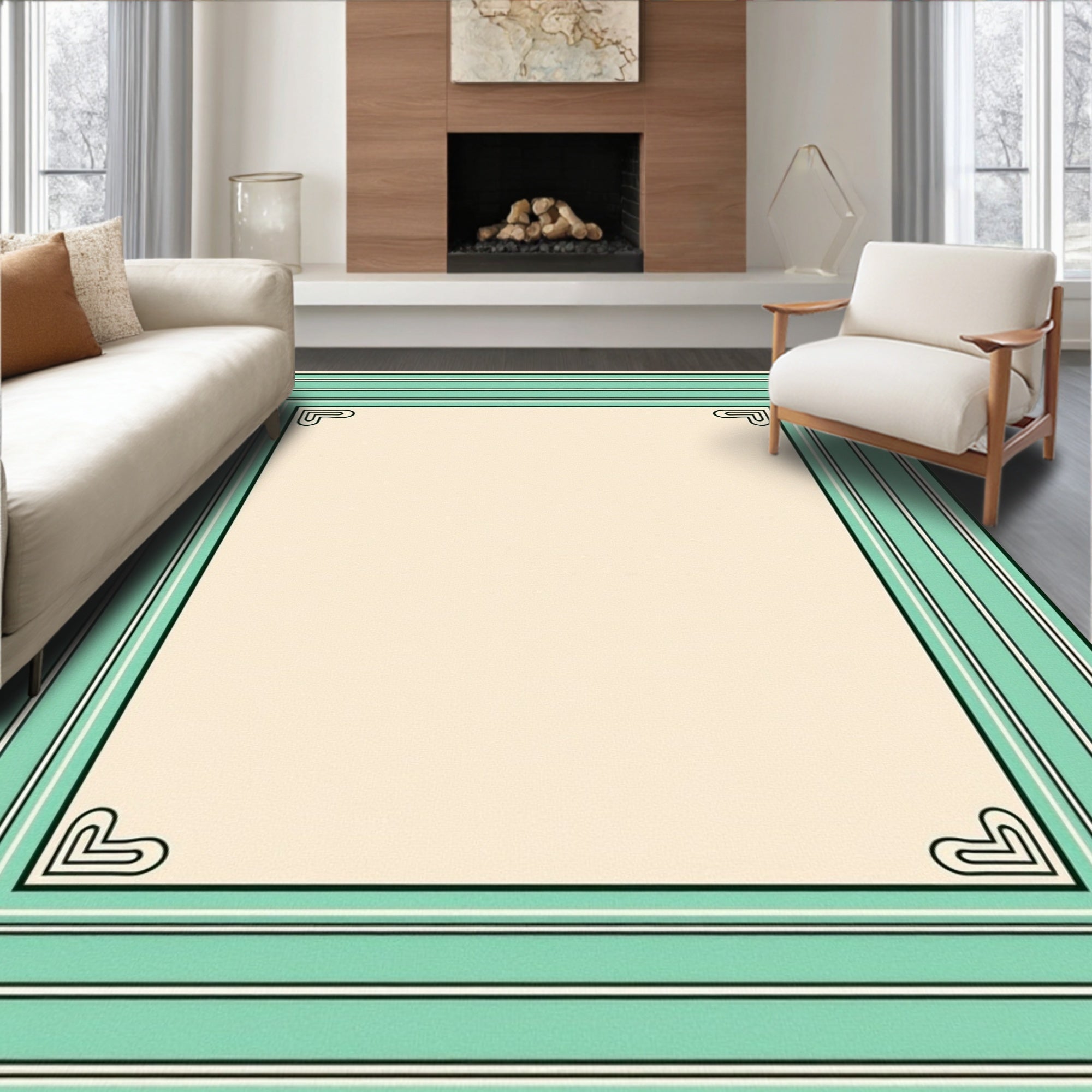 Modern Mint Bordered Frame Rug