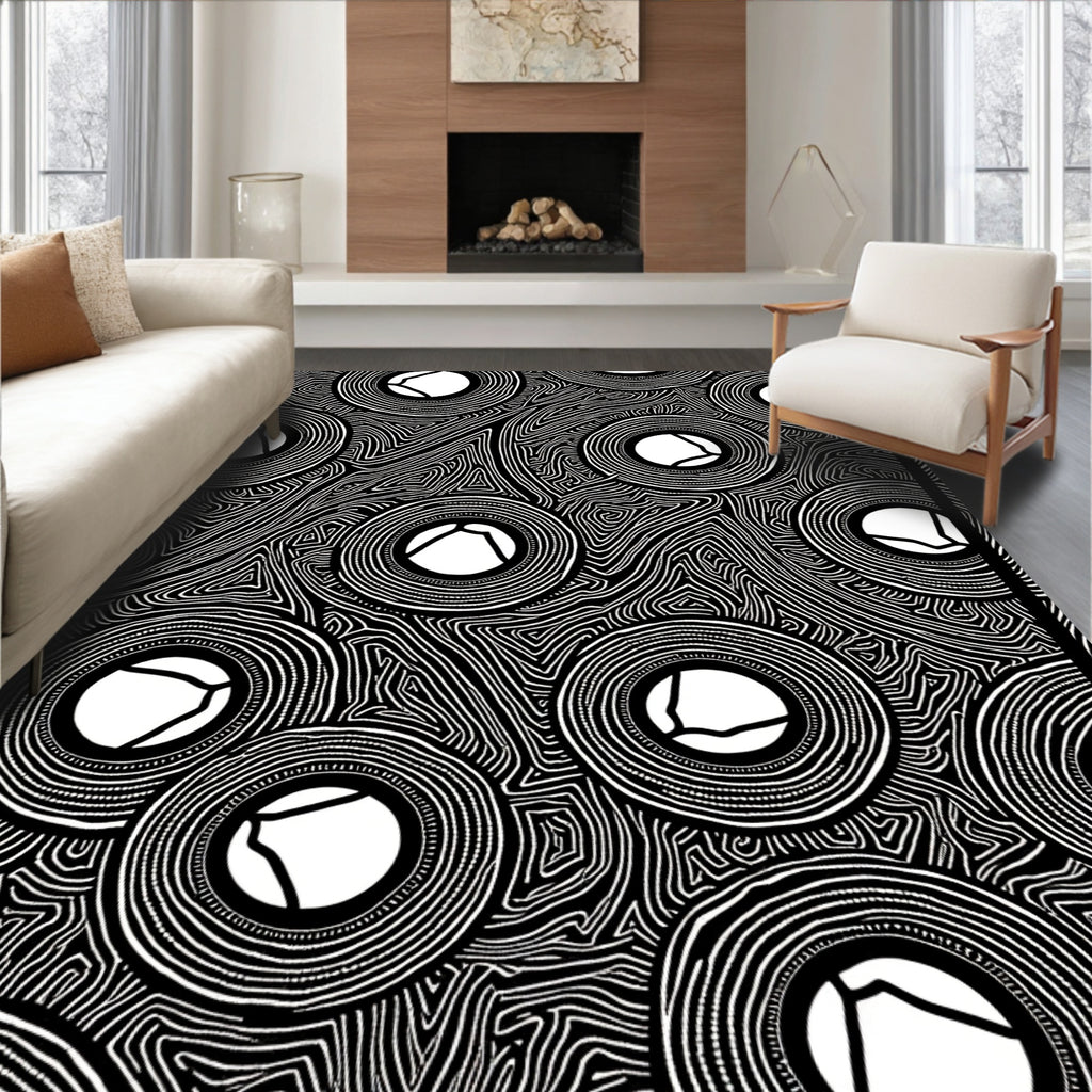Black White Concentric Circles Abstract Rug