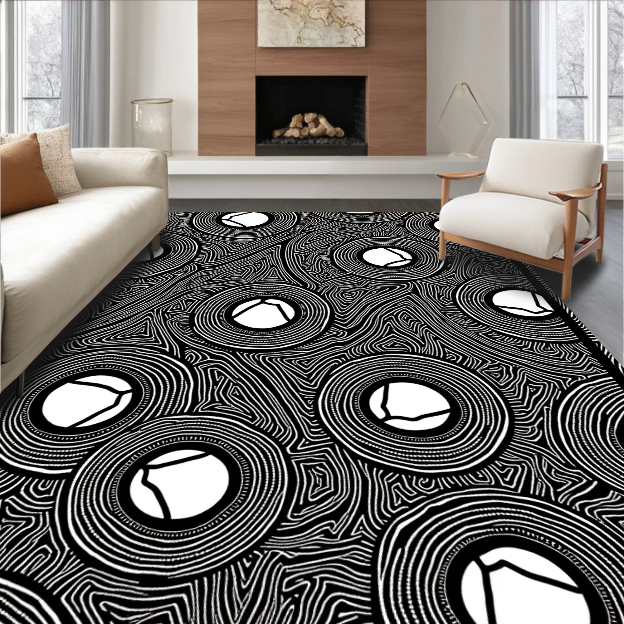 Black White Concentric Circles Abstract Rug