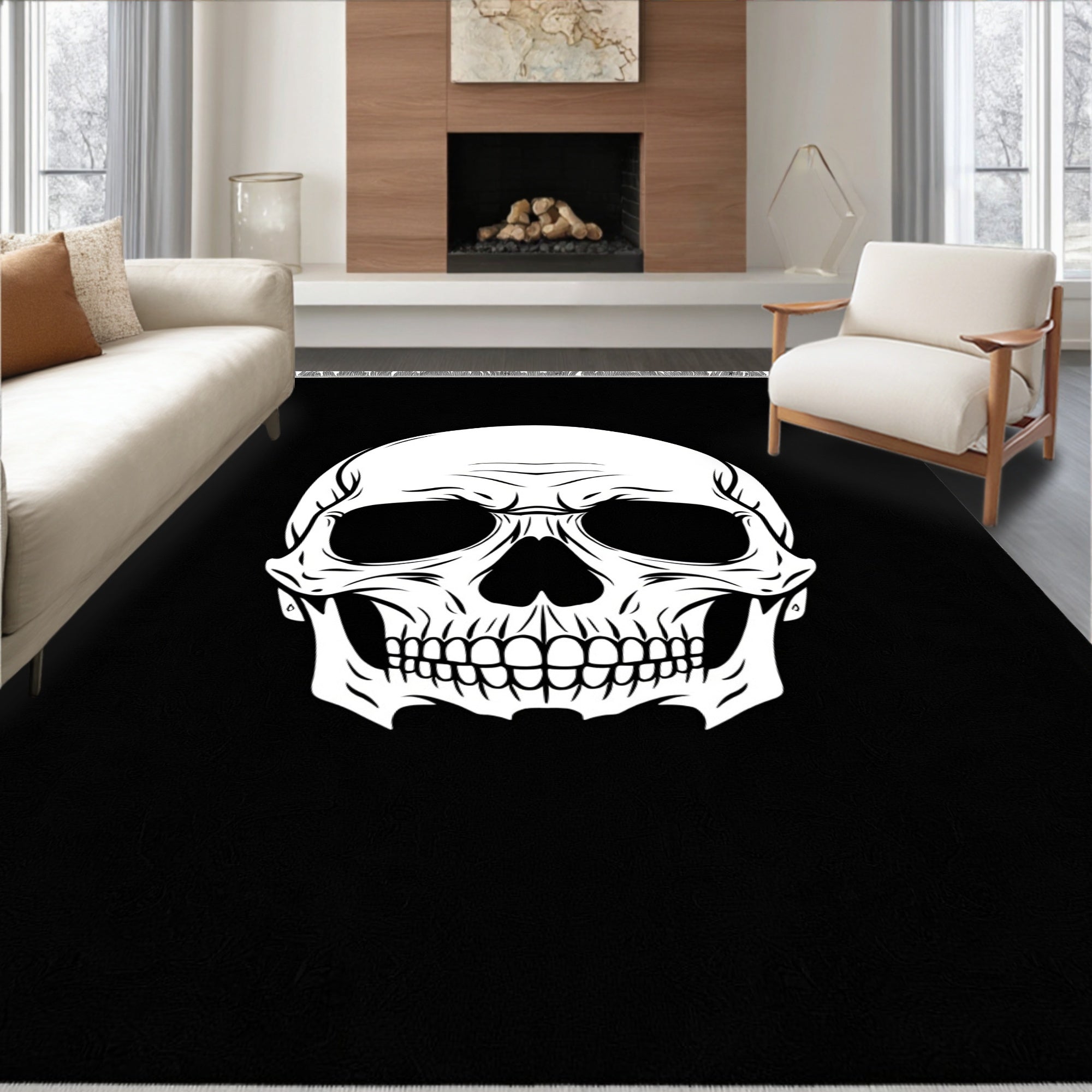 Monochromatic Skull Graphic Textile Rug
