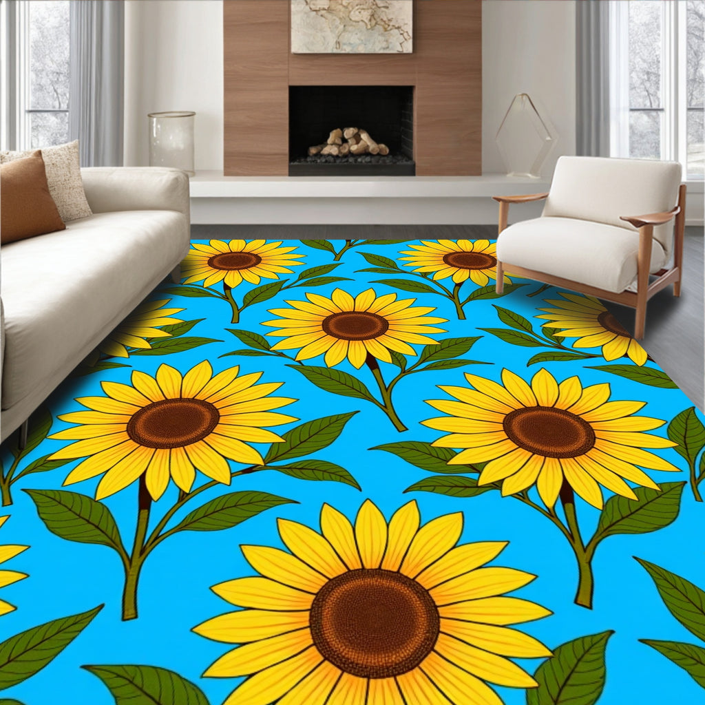 Yellow Sunflower Garden With Blue Background Rug