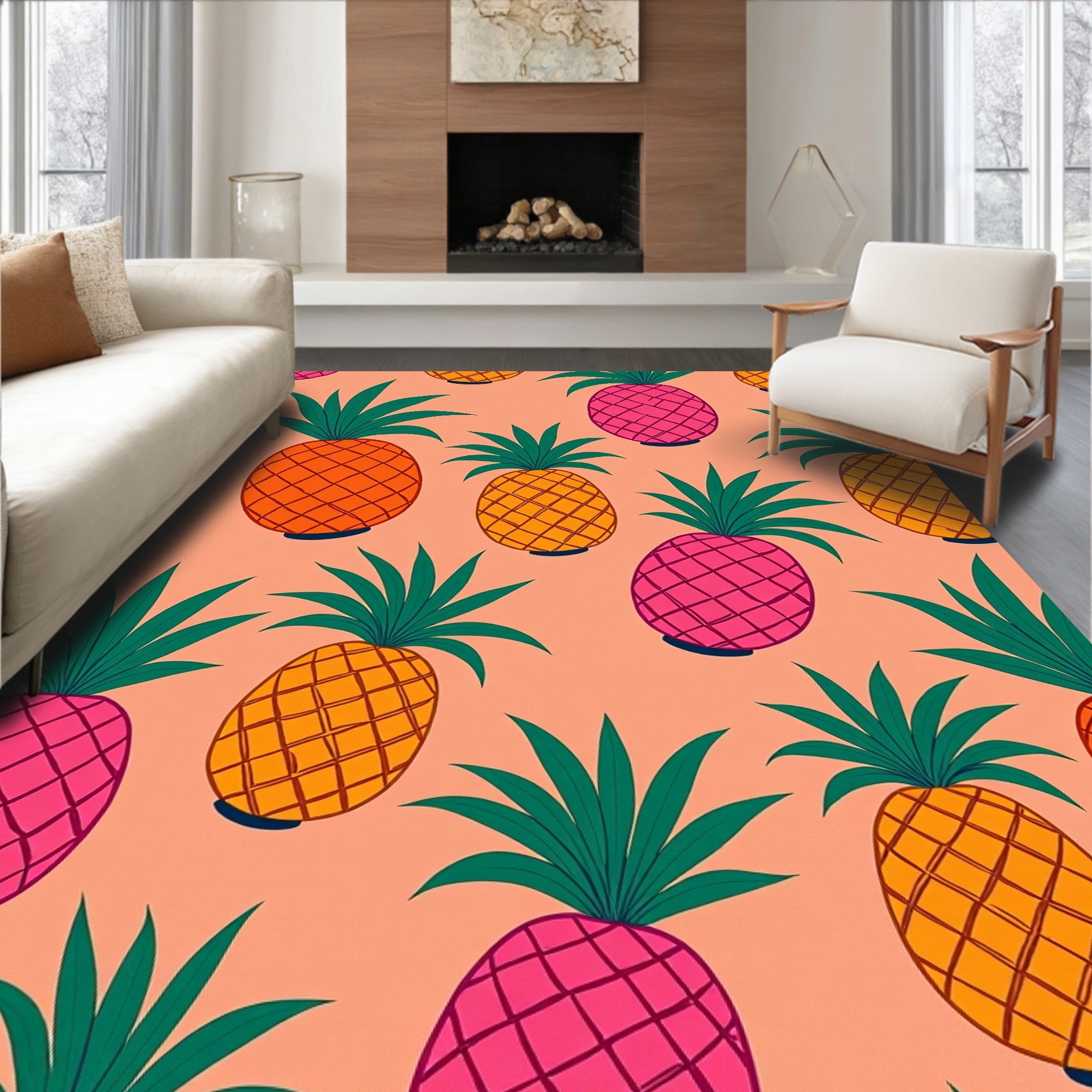 Tropical Pink Orange Pineapple Pattern Rug