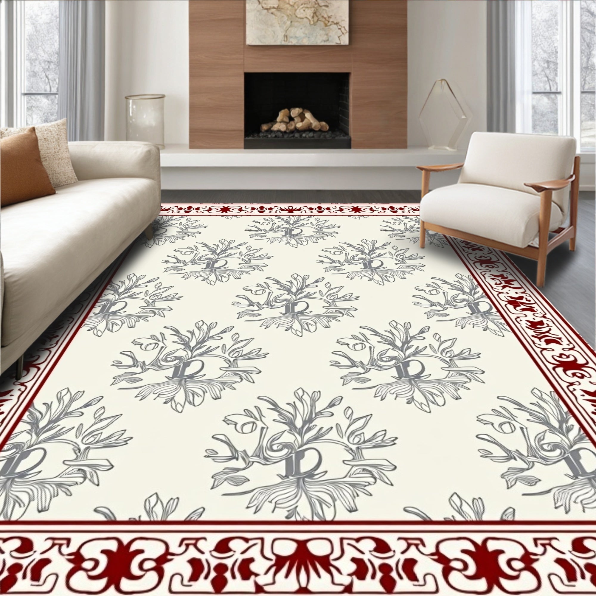 Crimson Bordered Floral Garland Rug