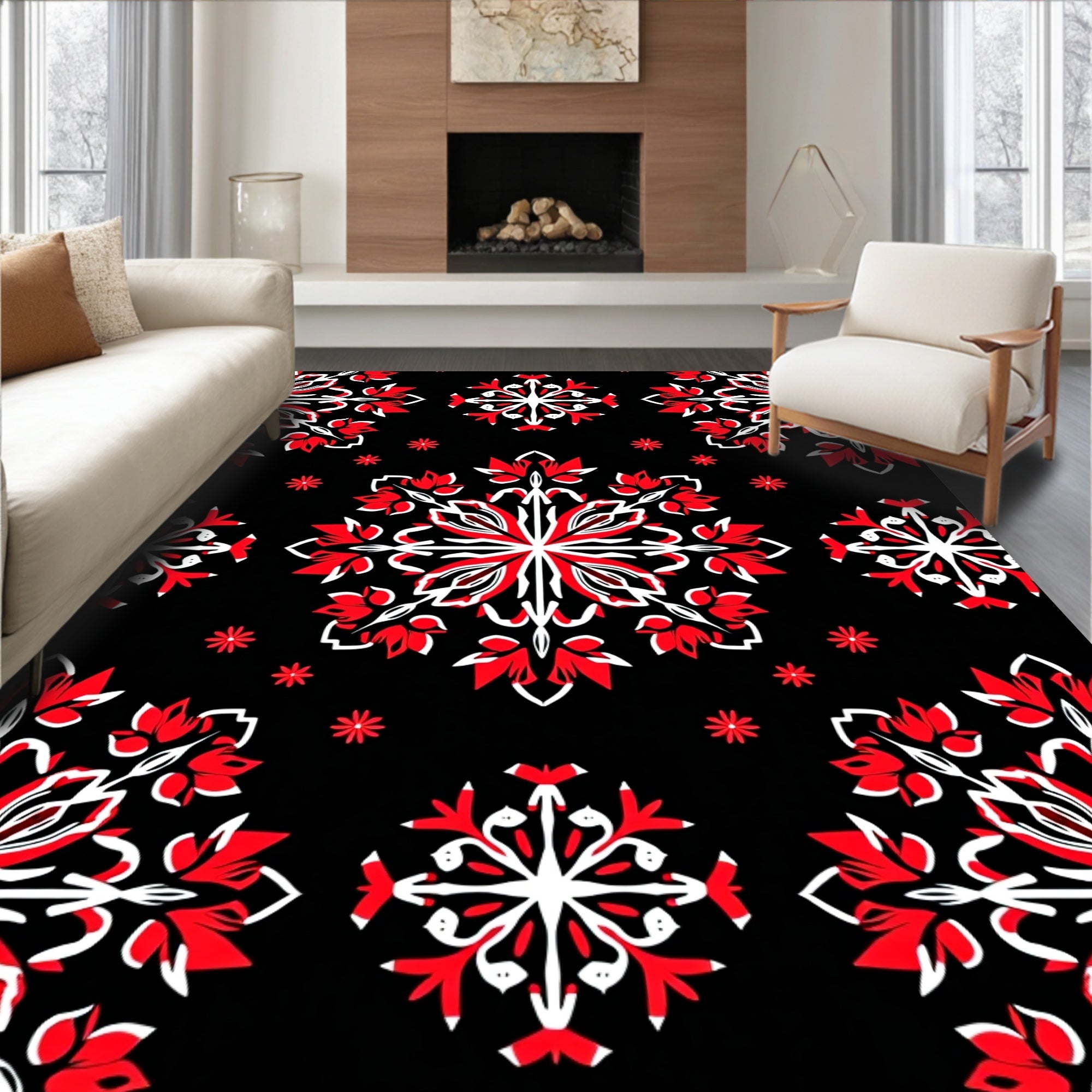 Bold Red White Floral Medallions Rug