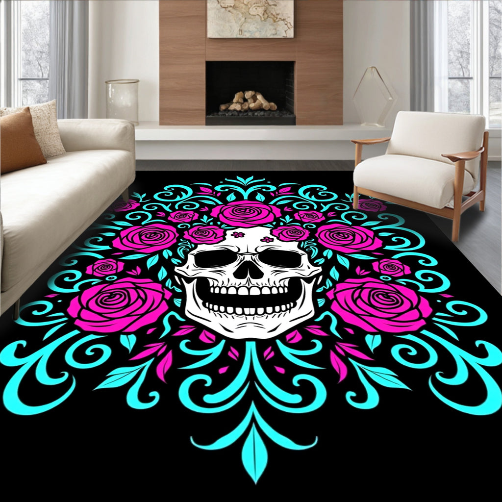 Vibrant Pink Rose Skull Swirls Rug